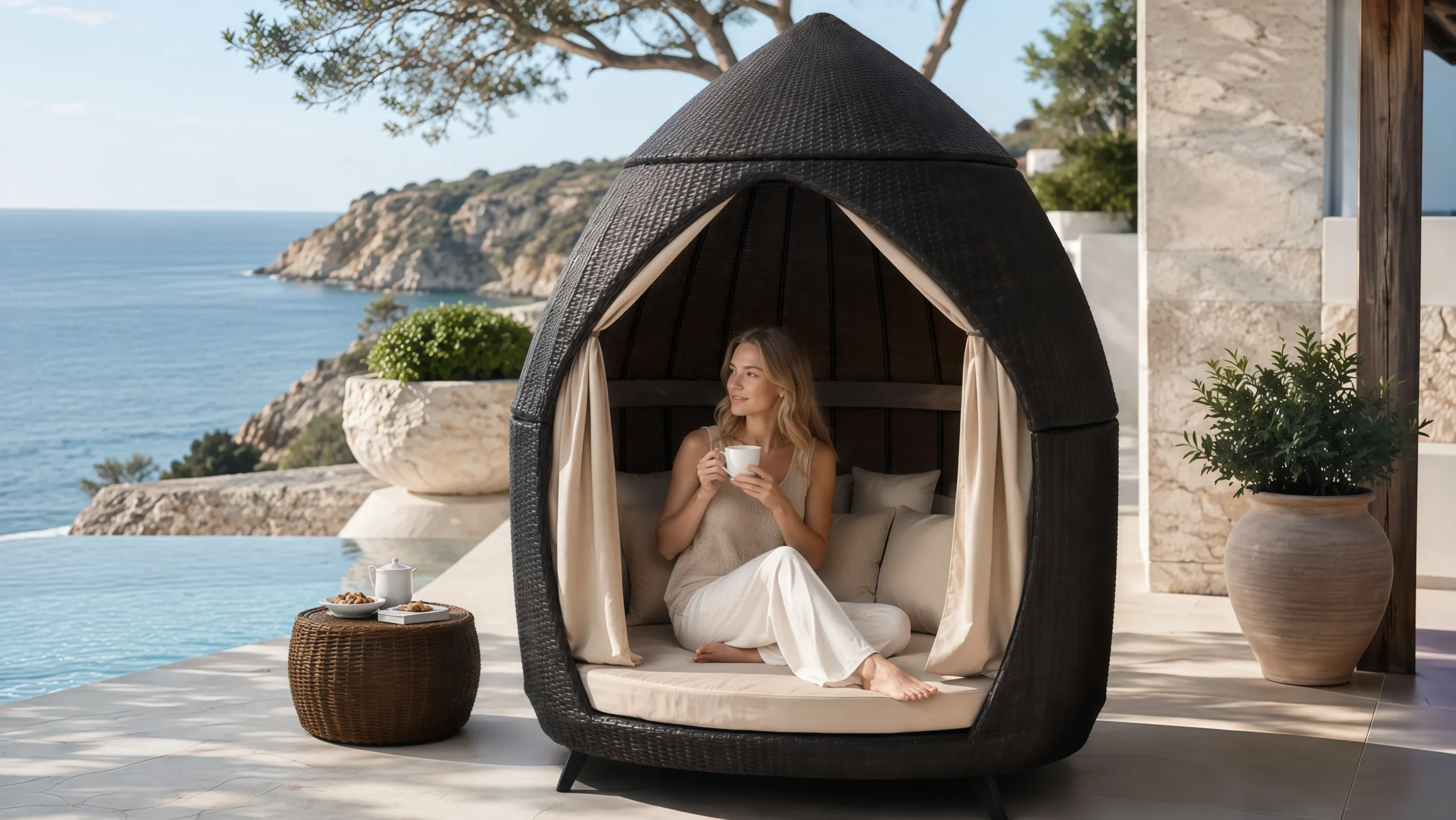 PE Rattan Outdoor Cabana Daybed with Curtains for Resort Poolside Lounge