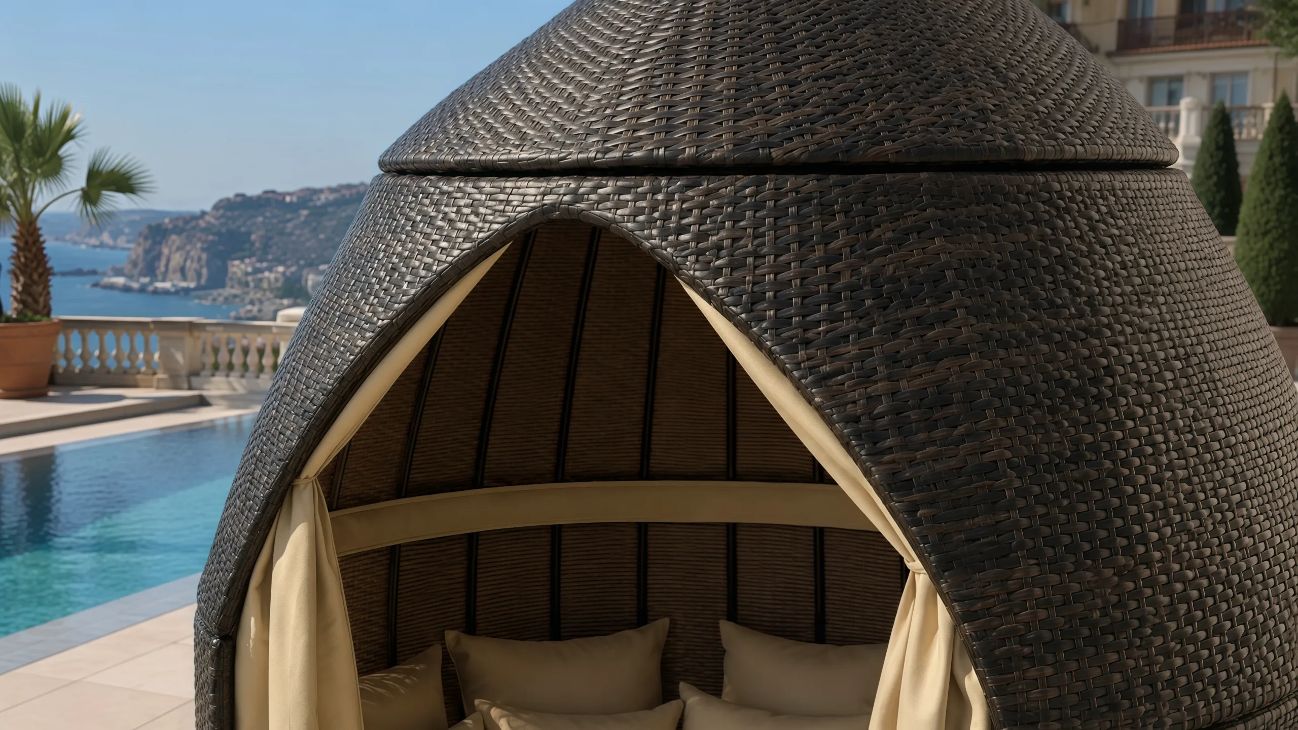 PE Rattan Outdoor Cabana Daybed with Curtains for Resort Poolside Lounge