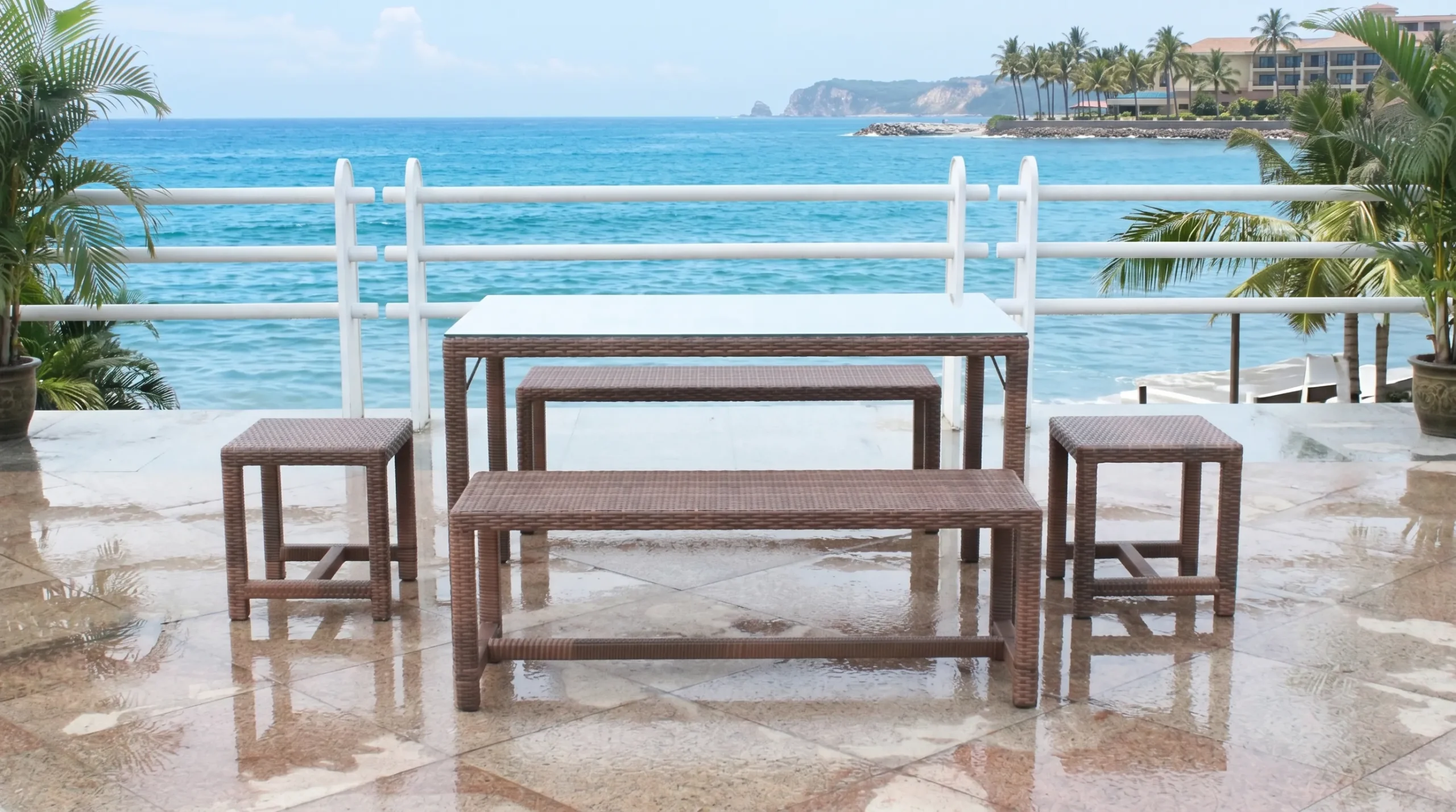 Weather-Resistant PE Rattan Outdoor Dining Set with Glass Table, Bench & Stools