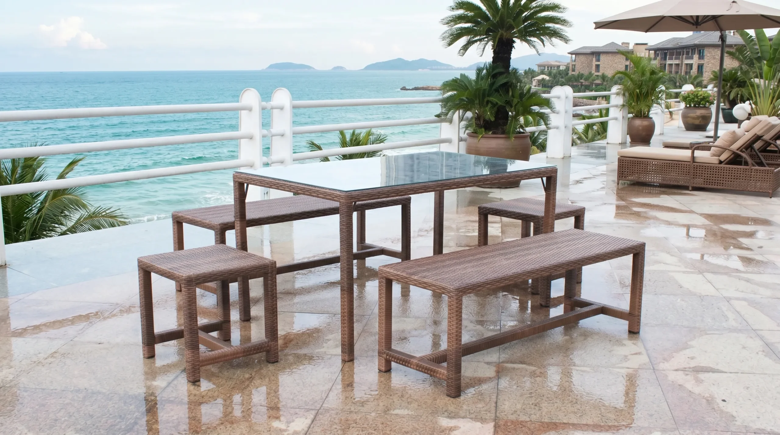 Weather-Resistant PE Rattan Outdoor Dining Set with Glass Table, Bench & Stools