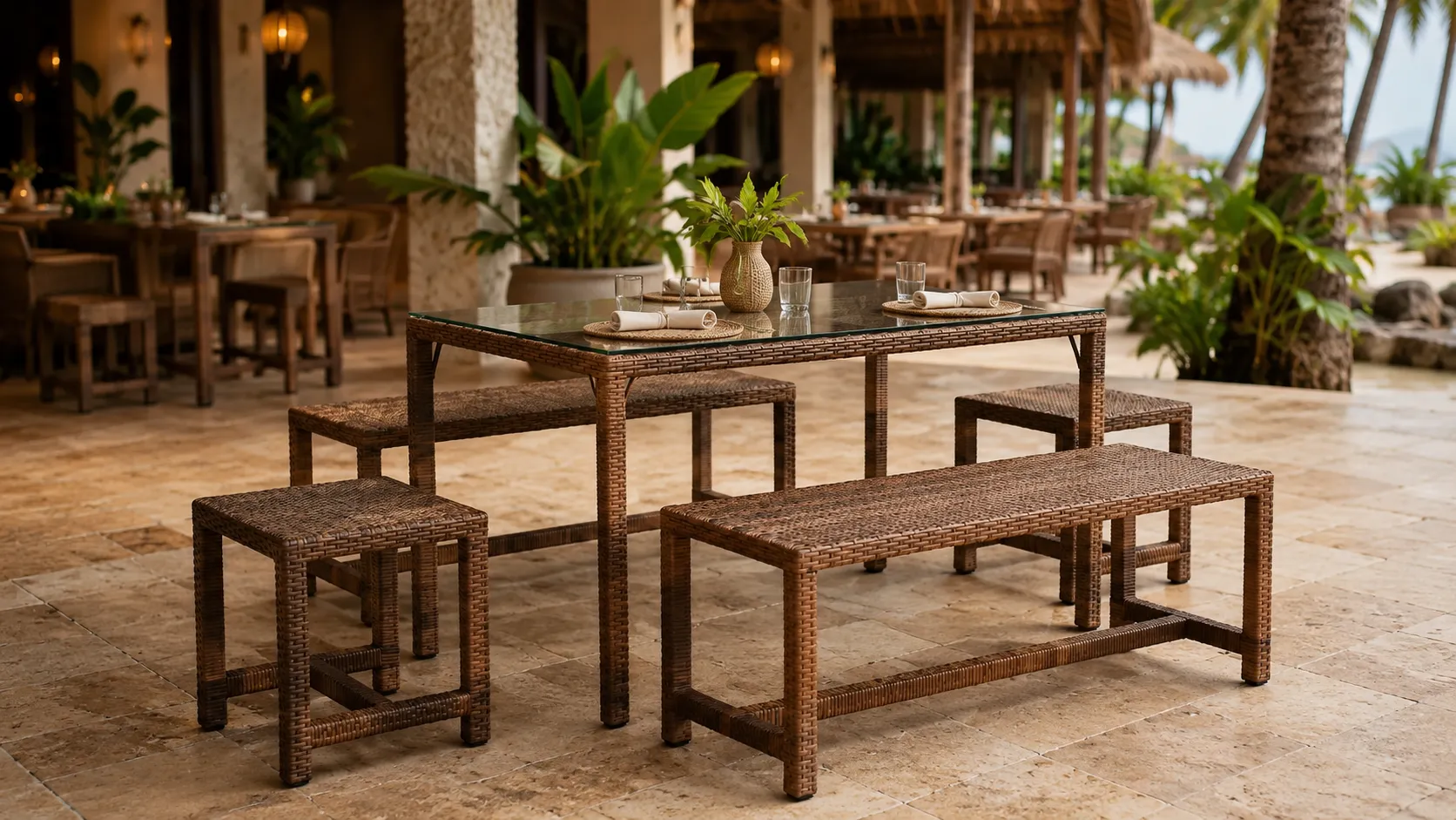 Layout of rattan dining table with bench and stools