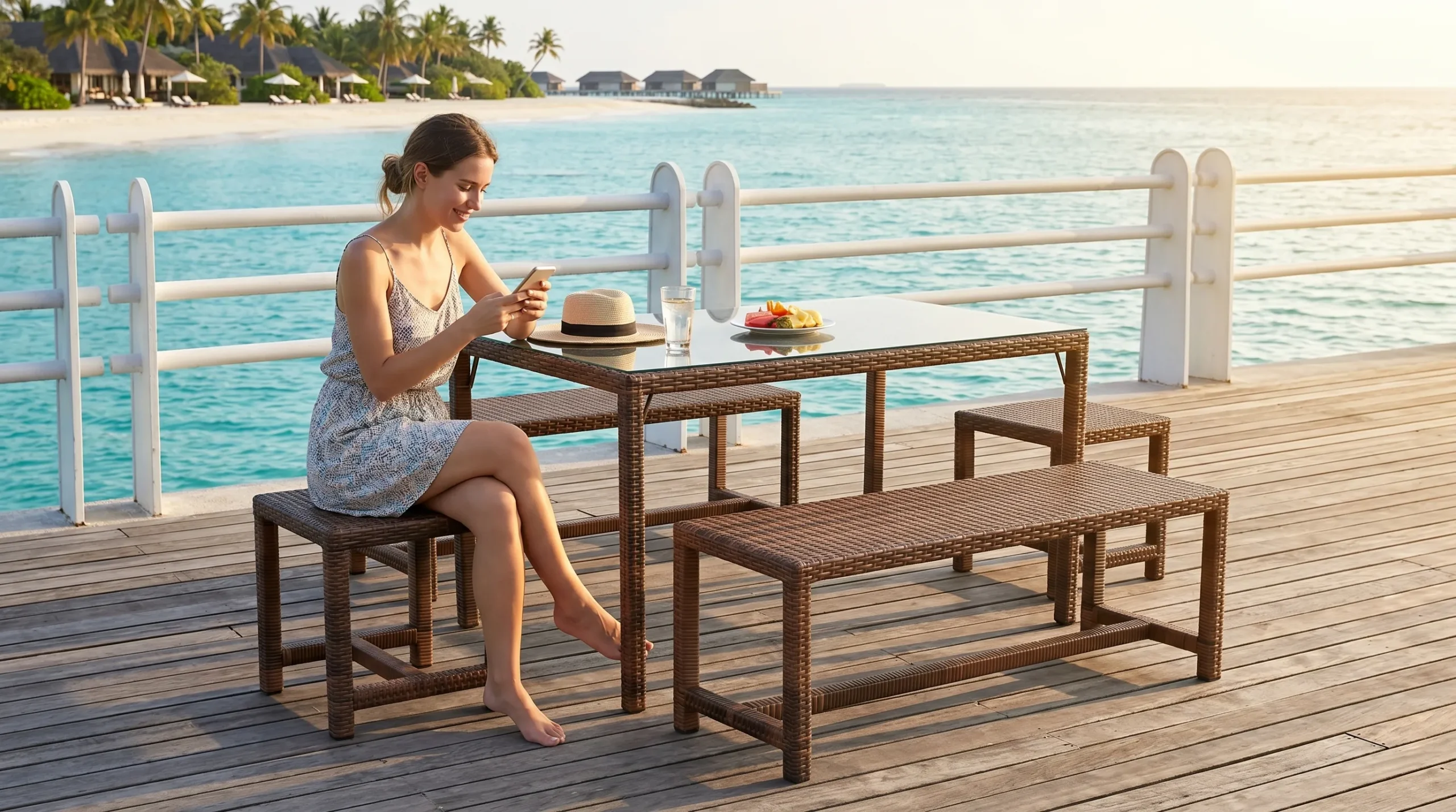 Weather-Resistant PE Rattan Outdoor Dining Set with Glass Table, Bench & Stools