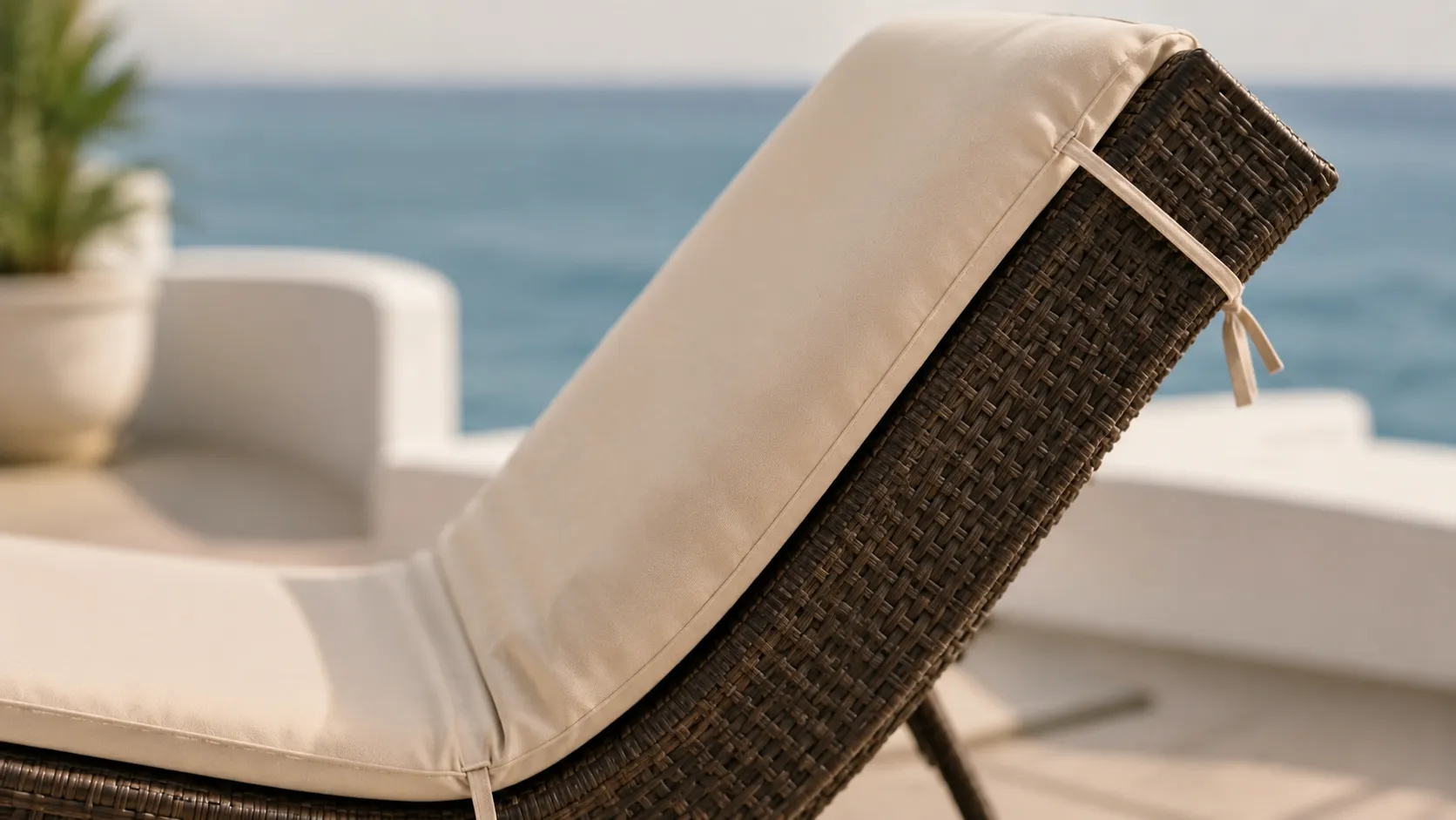 Reclining backrest and beige cushion detail of wicker outdoor sun lounger
