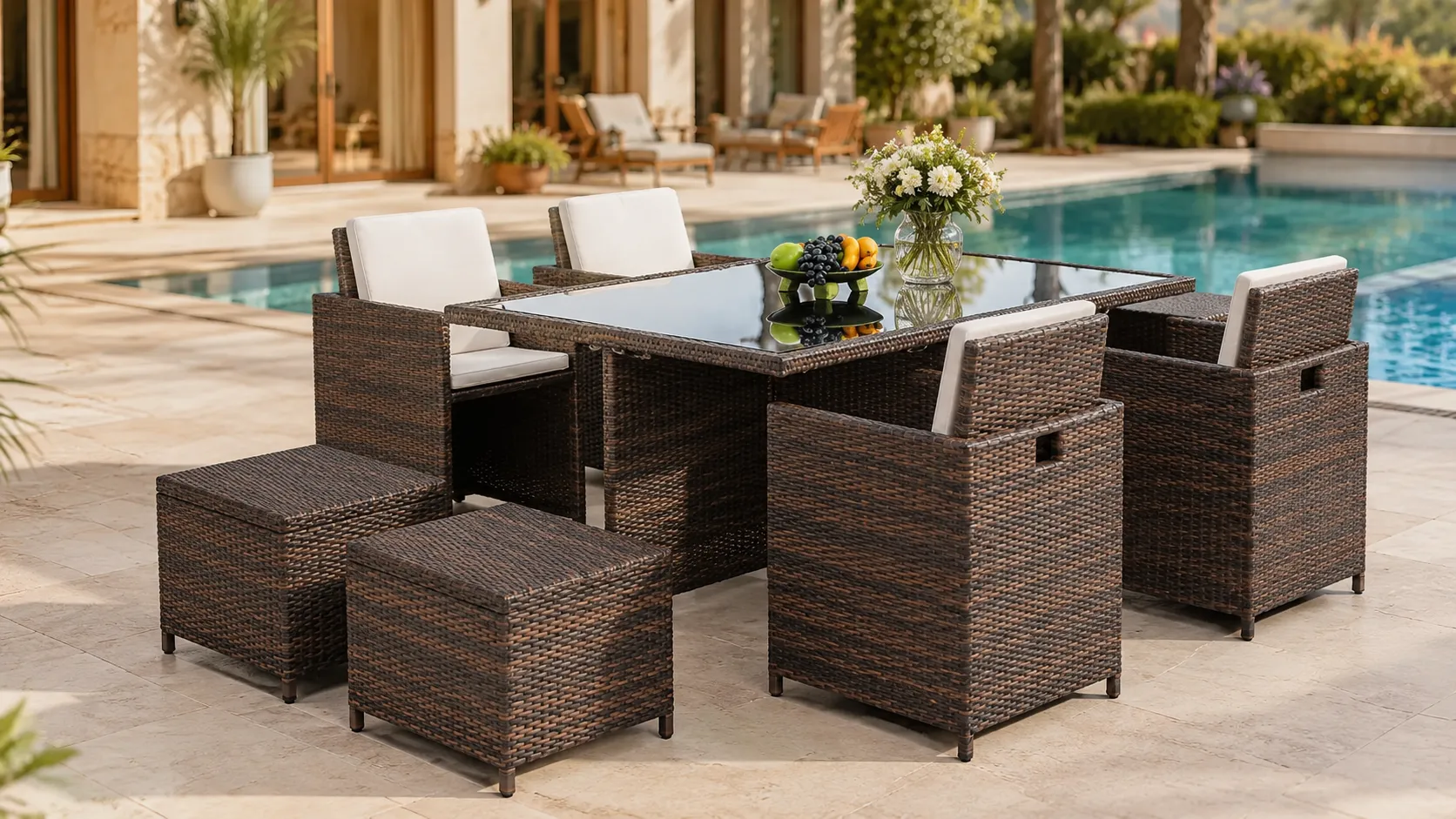 Rectangular rattan dining set layout with 6 chairs and 2 stools
