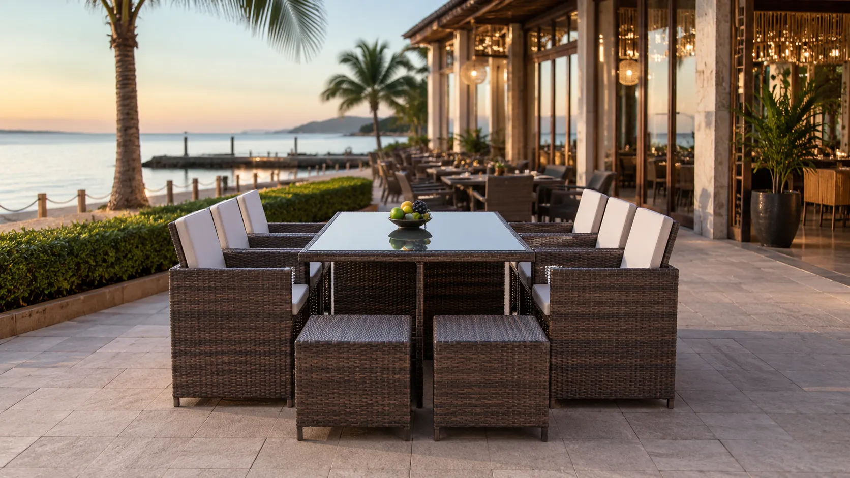 PE Rattan Patio Dining Set with 6 Chairs, 2 Stools & Rectangular Glass Table for Hotel Outdoor Dining