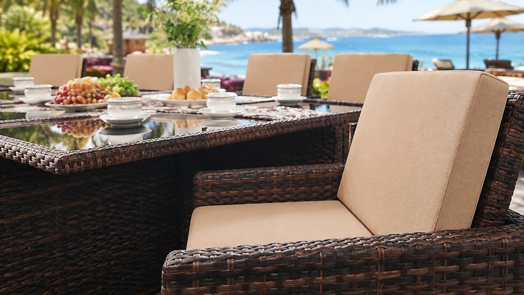 PE Rattan Outdoor Dining Set with 6 Chairs, 4 Stools & Rectangular Glass Table for Hotel Patio