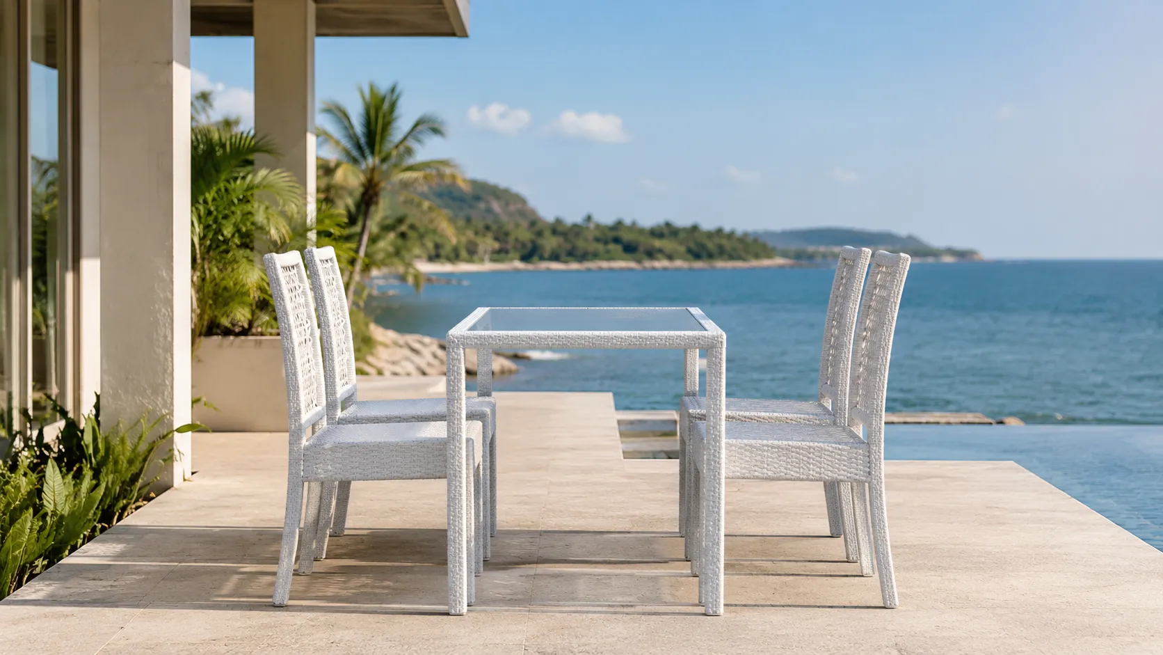 White PE Rattan Outdoor Dining Set with 4 Chairs & Glass Table for Patio Café Terrace