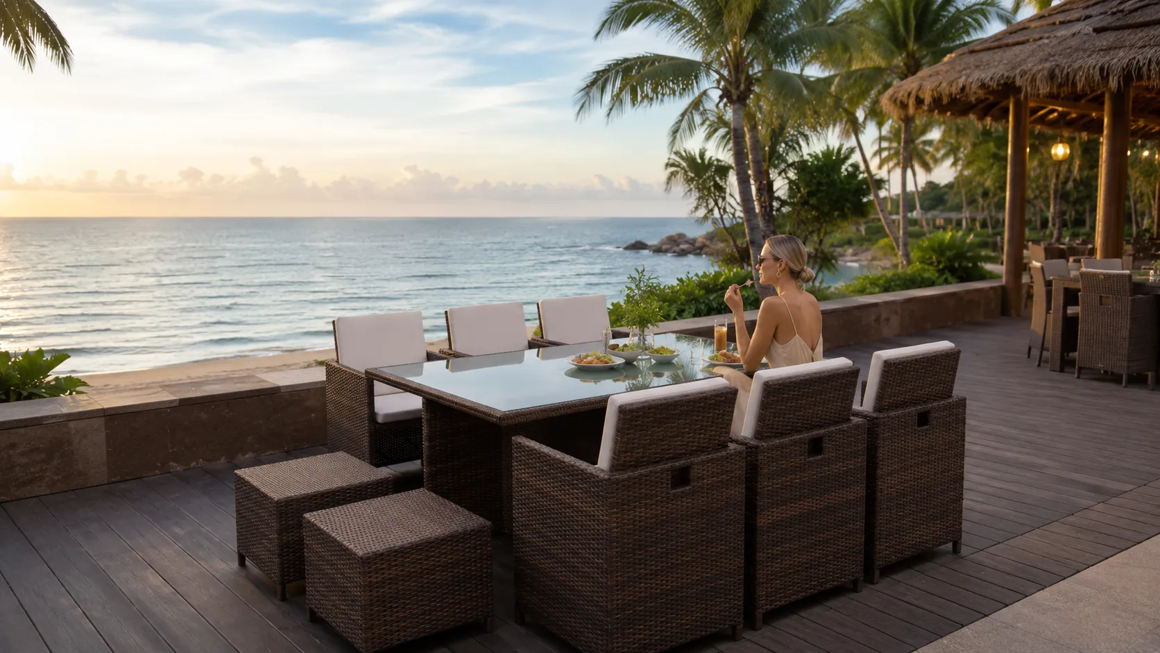 PE Rattan Patio Dining Set with 6 Chairs, 2 Stools & Rectangular Glass Table for Hotel Outdoor Dining
