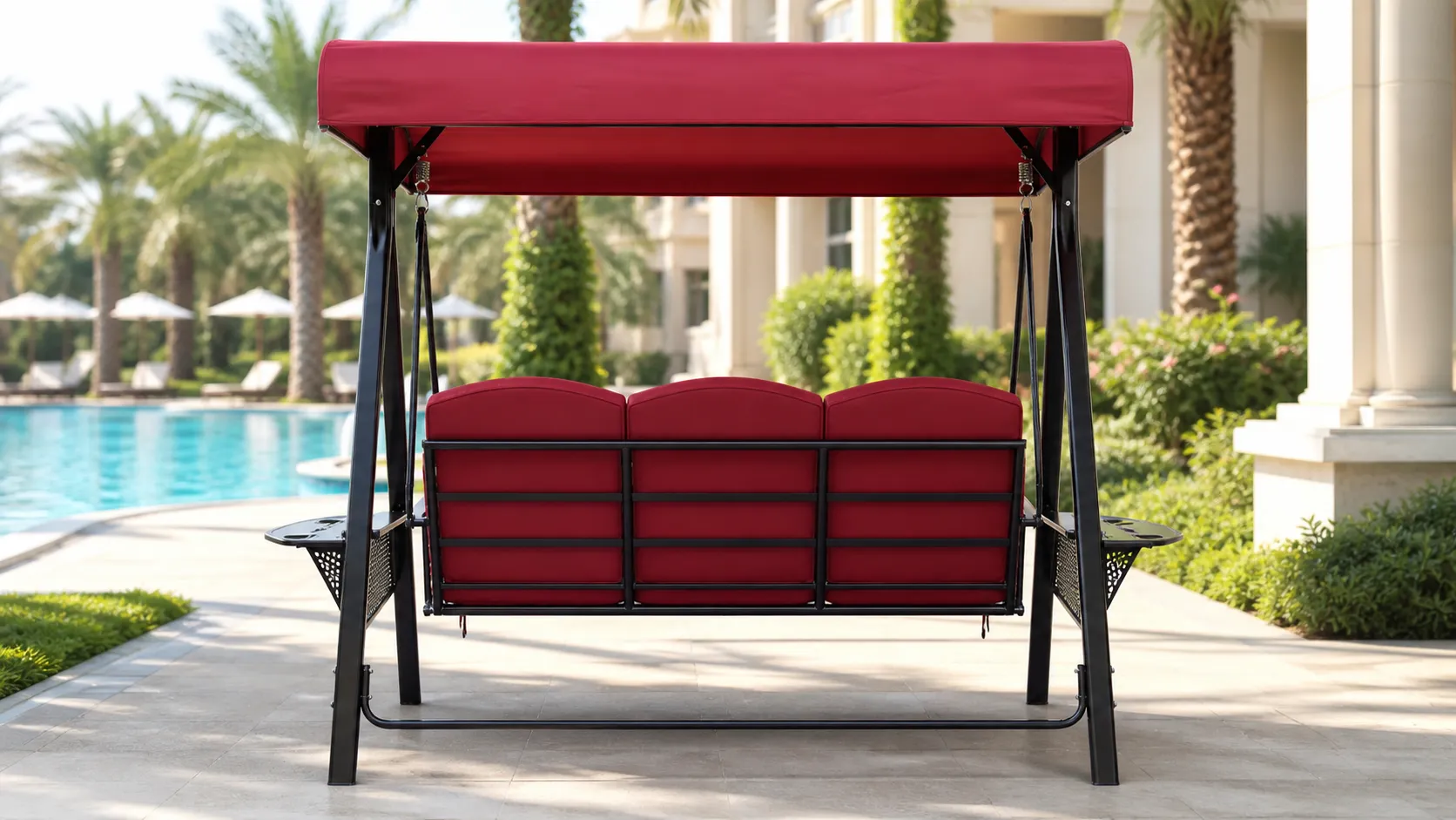 Steel Outdoor Canopy Swing Sofa with Red Cushions
