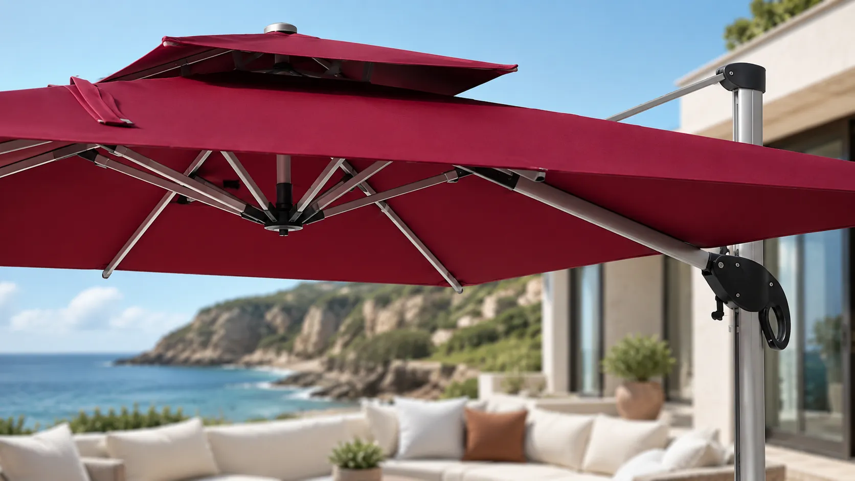 Red canopy fabric detail of cantilever patio umbrella