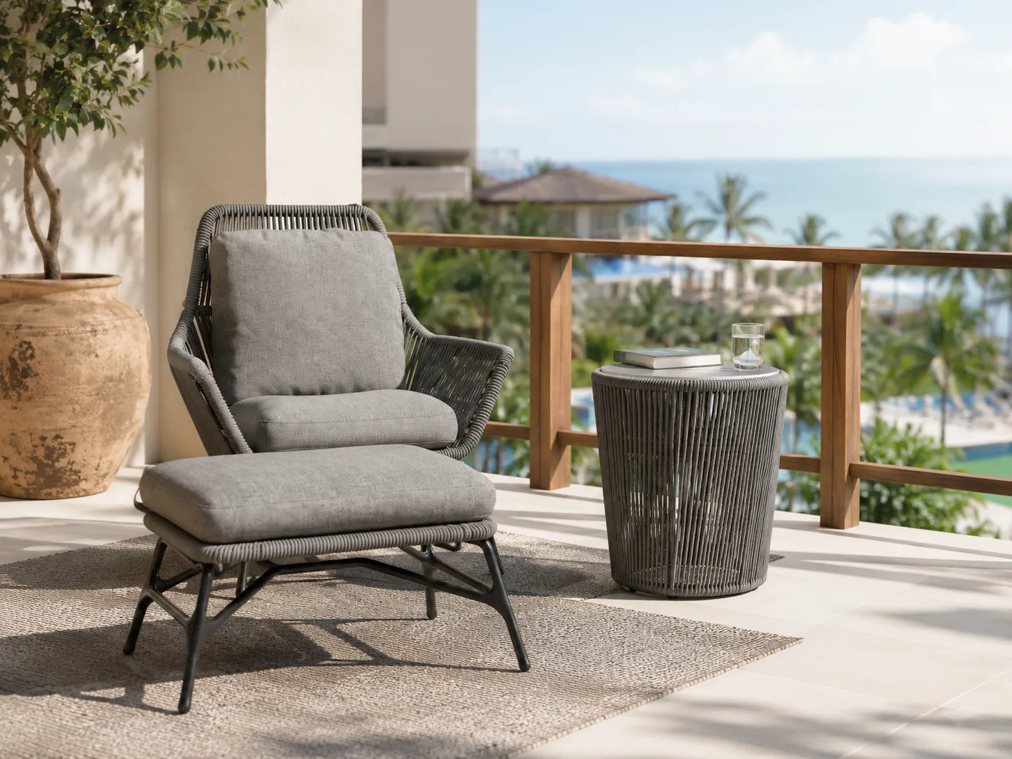 Resort balcony rope lounge chair set with ottoman