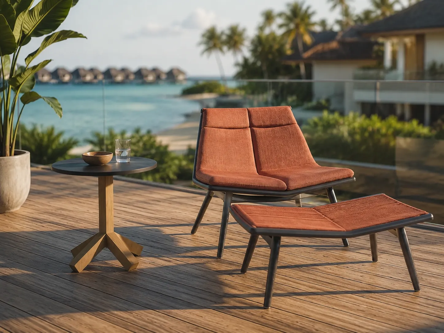 Resort balcony rope patio lounge chair with ottoman