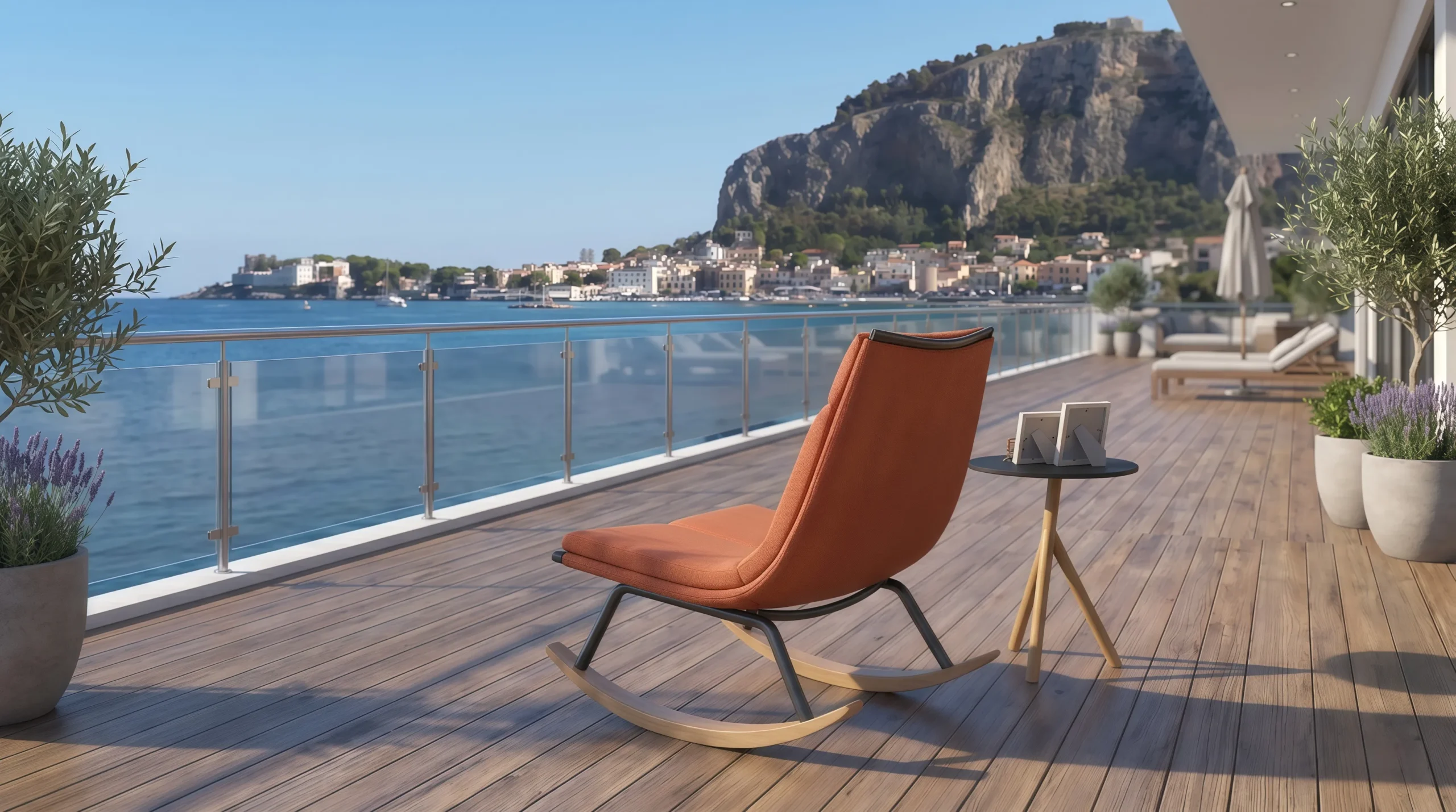 Teak Outdoor Rocking Lounge Chair with Orange Cushion