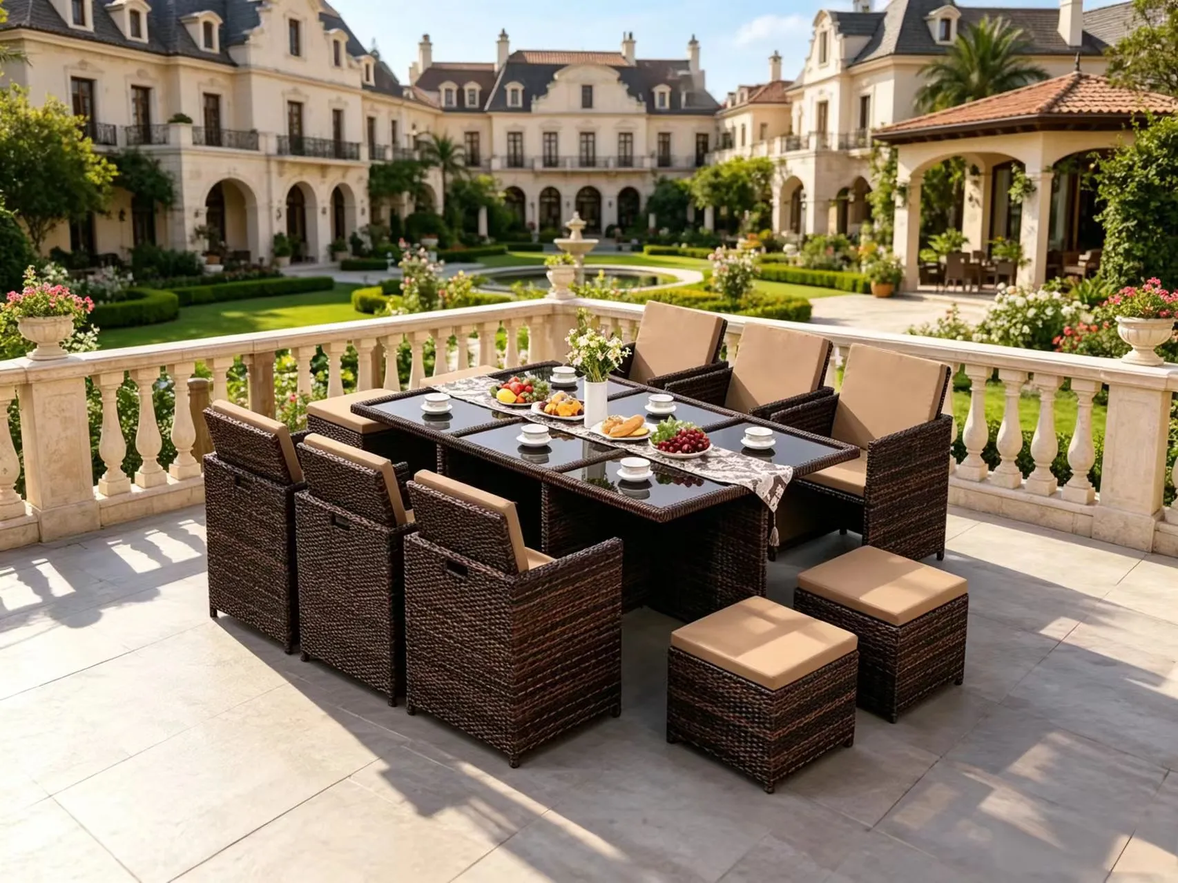 Large PE rattan dining set for resort courtyard