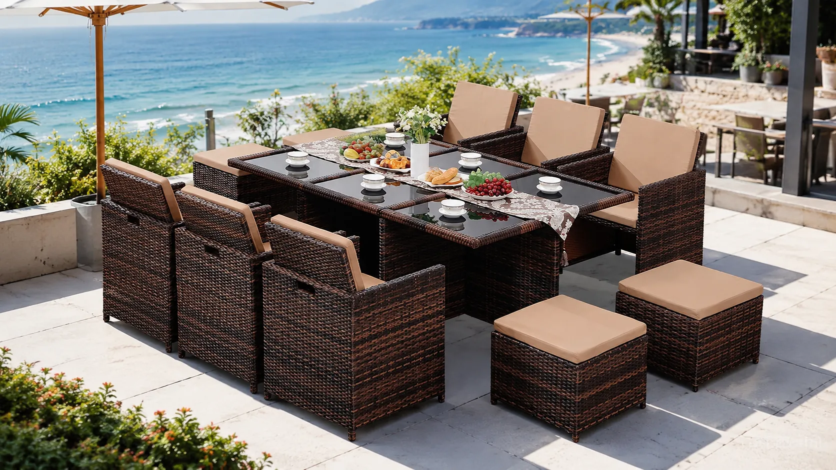PE Rattan Outdoor Dining Set with 6 Chairs, 4 Stools & Rectangular Glass Table for Hotel Patio