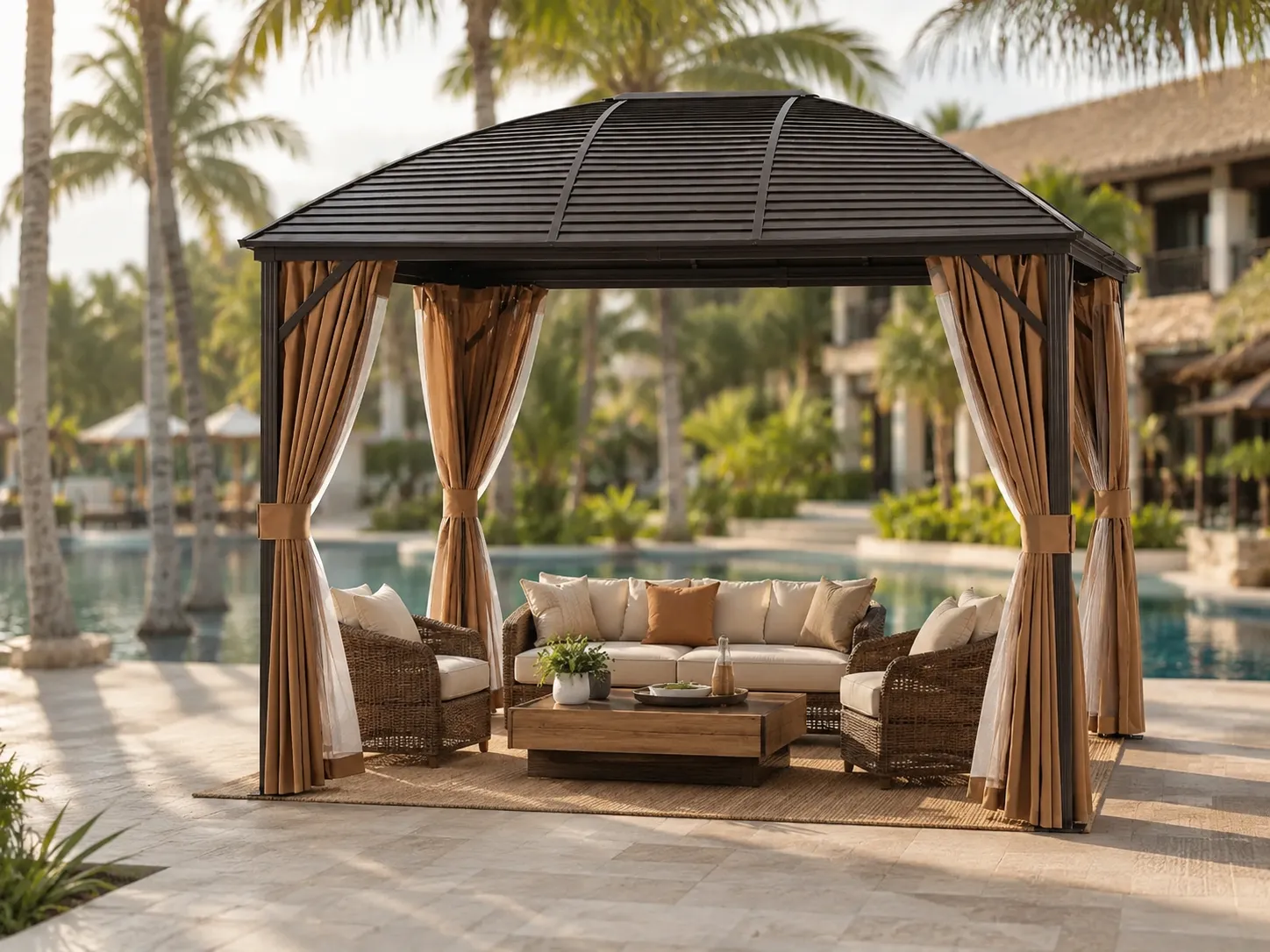 Curved roof outdoor gazebo with curtains for resort lounge areas