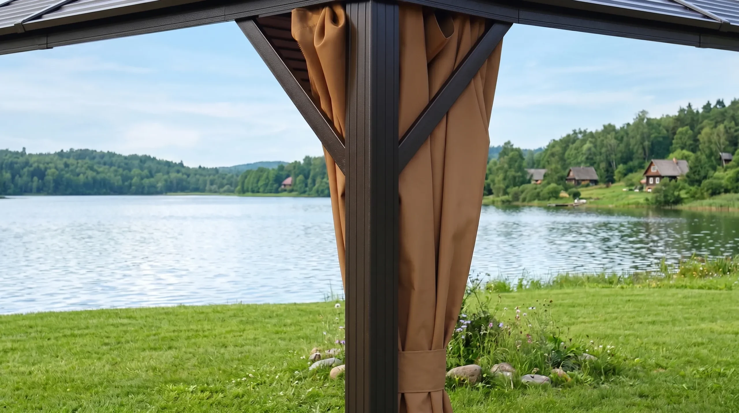Curved Roof Galvanized Steel Gazebo with Curtains for Patio & Resort Shade
