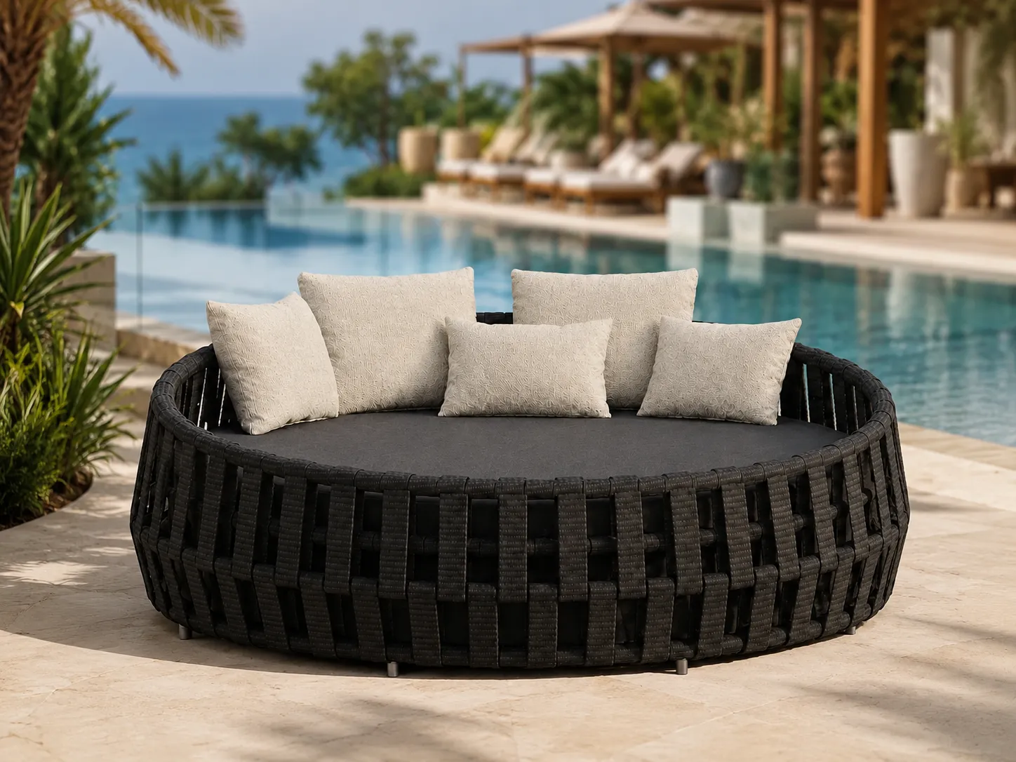 Black wicker outdoor daybed for resort lounge and poolside relaxation spaces