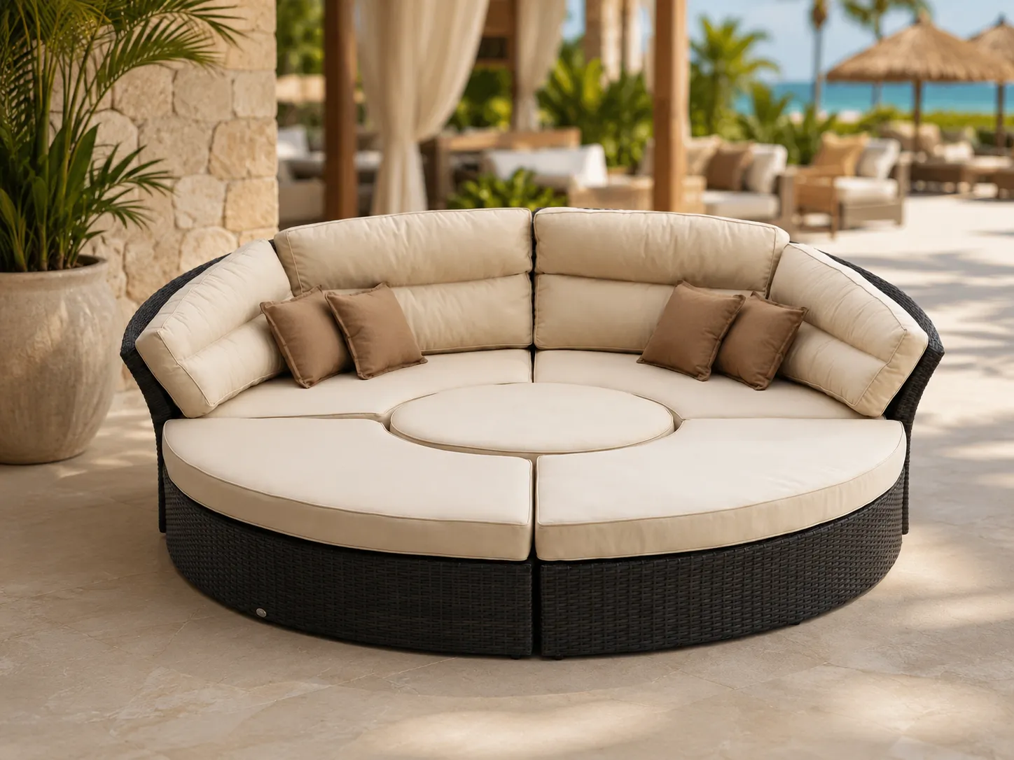 Round wicker outdoor daybed for resort lounge spaces