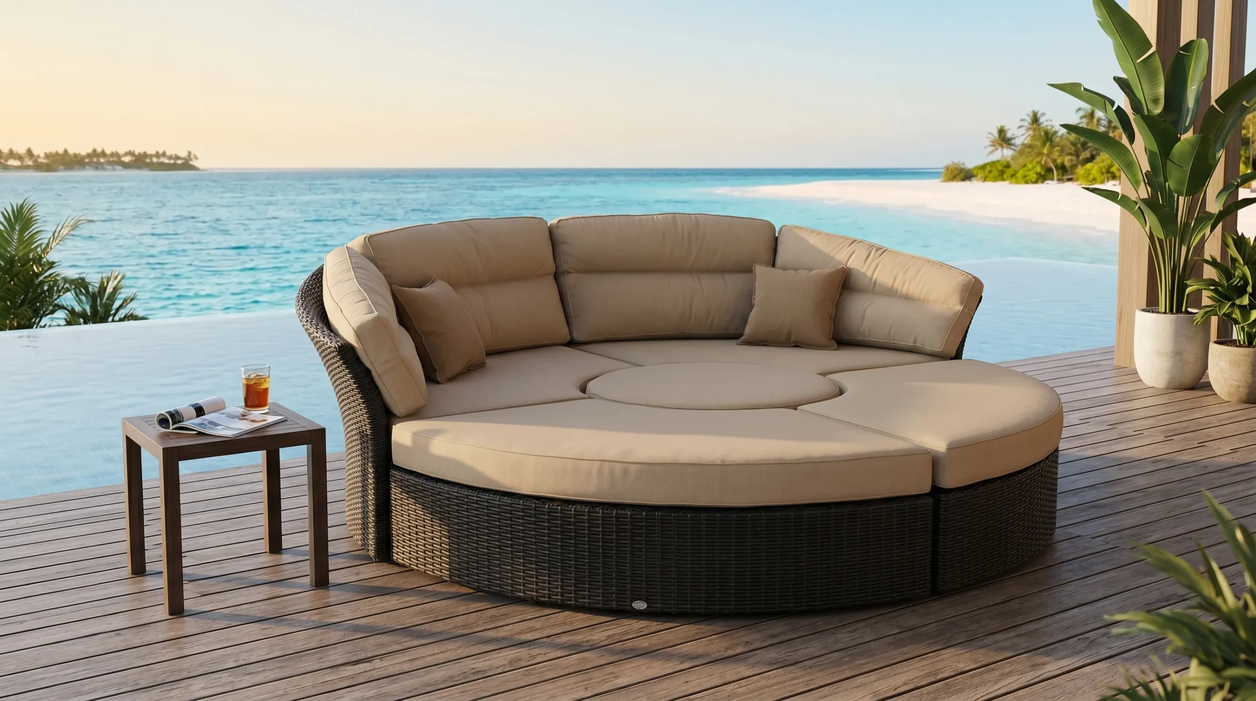 Large Round Wicker Outdoor Daybed with Beige Cushions