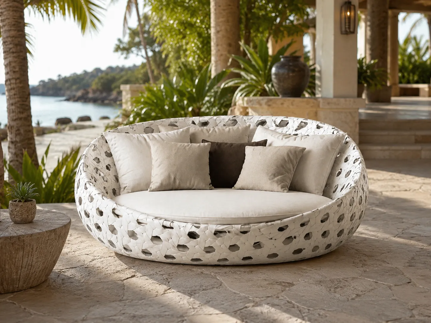 White wicker outdoor daybed for resort lounge and poolside relaxation areas