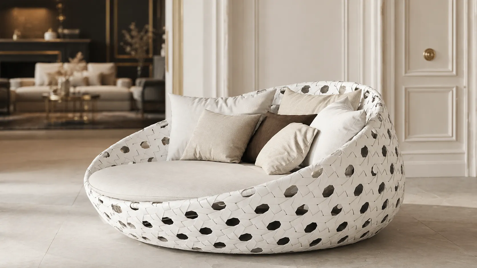 White Round Wicker Outdoor Daybed for Hotel Poolside