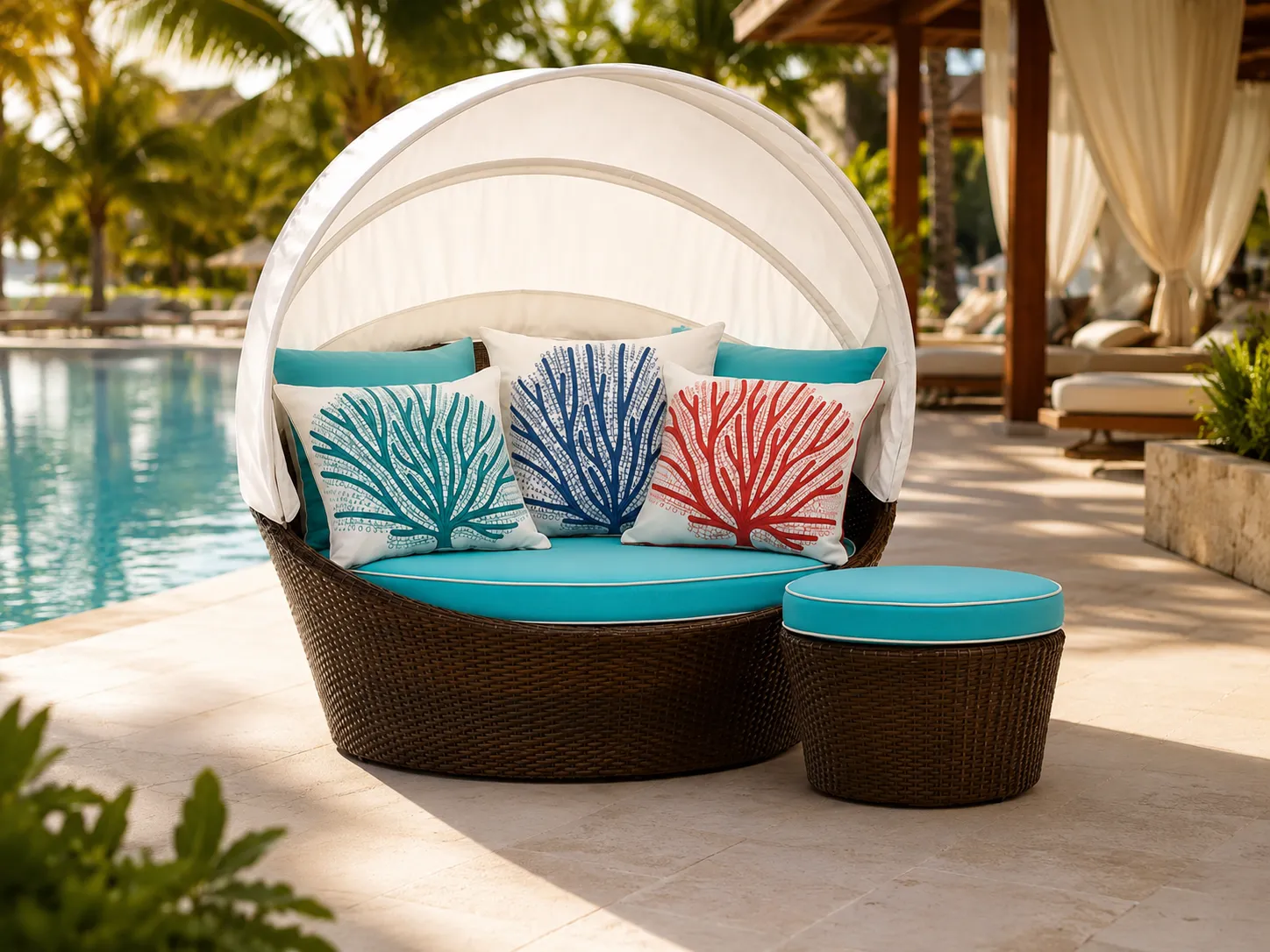 Wicker canopy daybed with ottoman for resort lounge leisure spaces