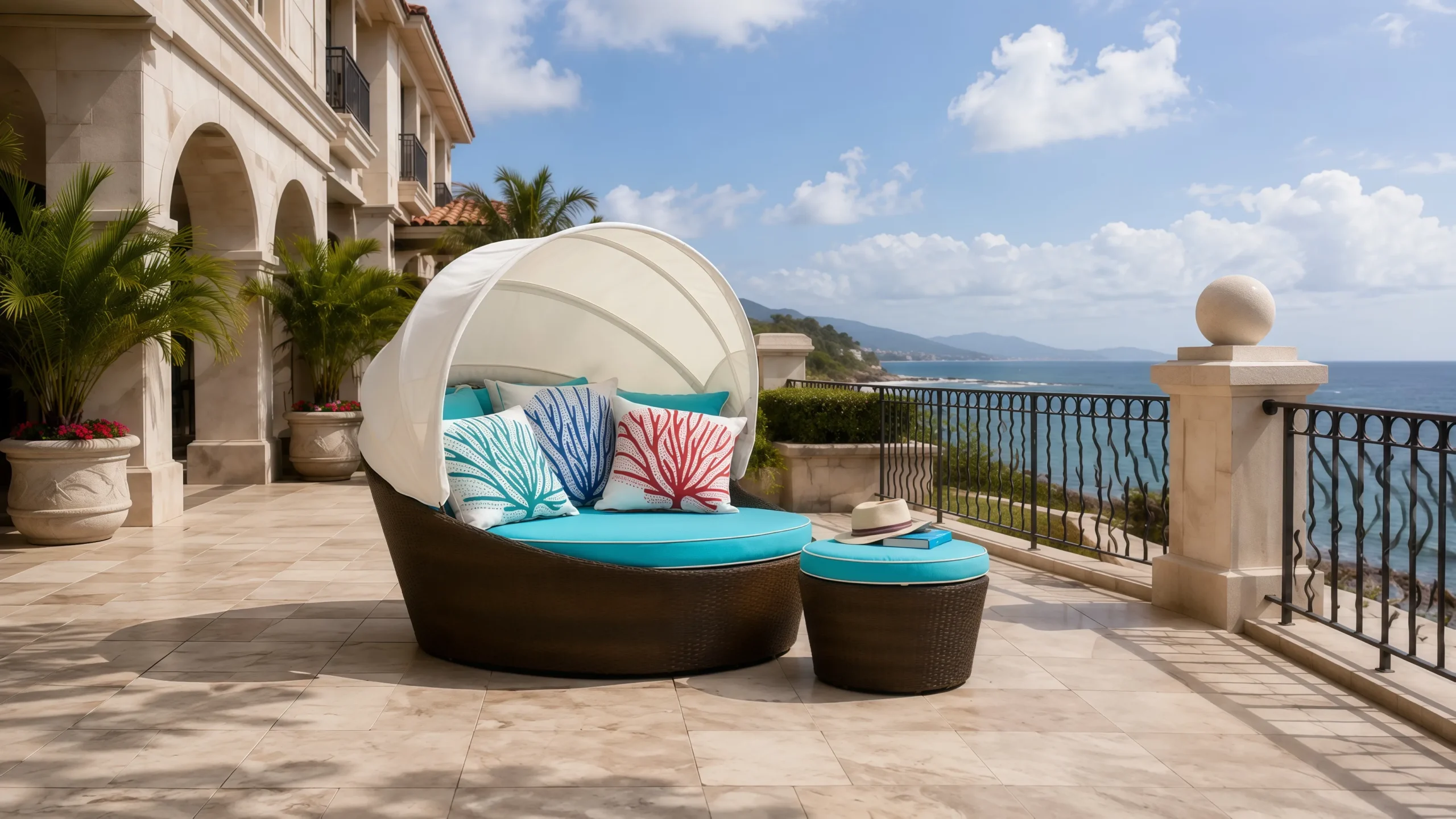 Large Wicker Outdoor Daybed with Foldable Canopy and Ottoman