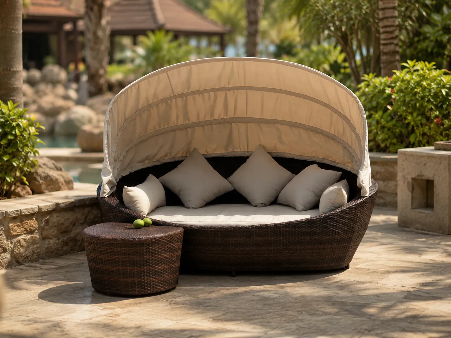 Wicker canopy daybed for resort outdoor lounge spaces