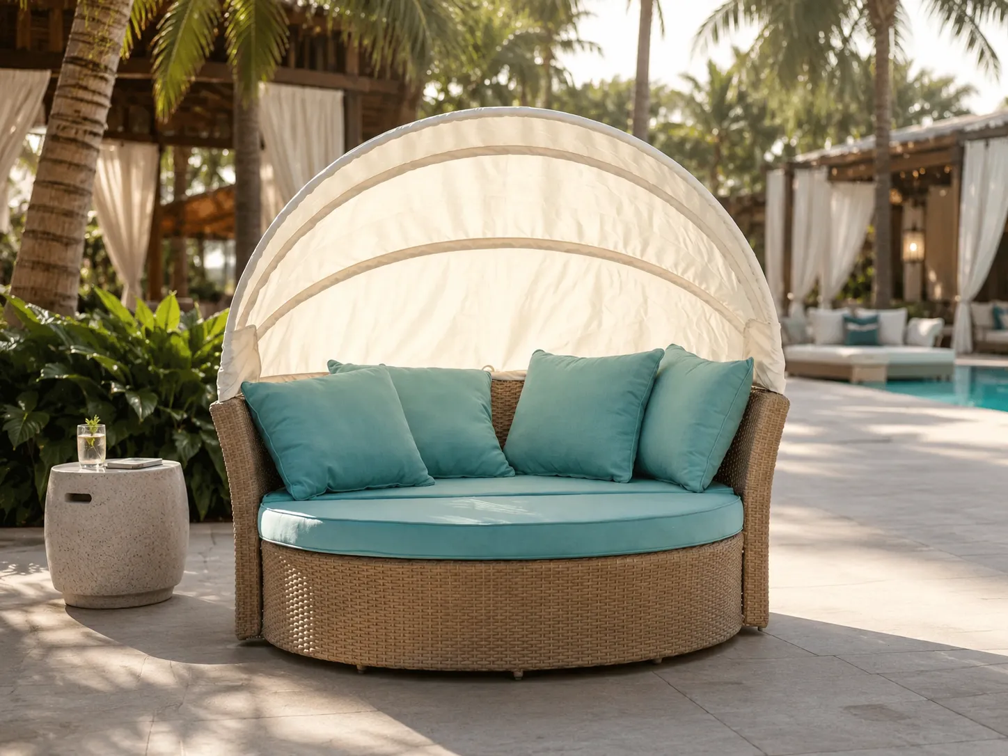 Wicker daybed with adjustable canopy for resort lounge leisure spaces