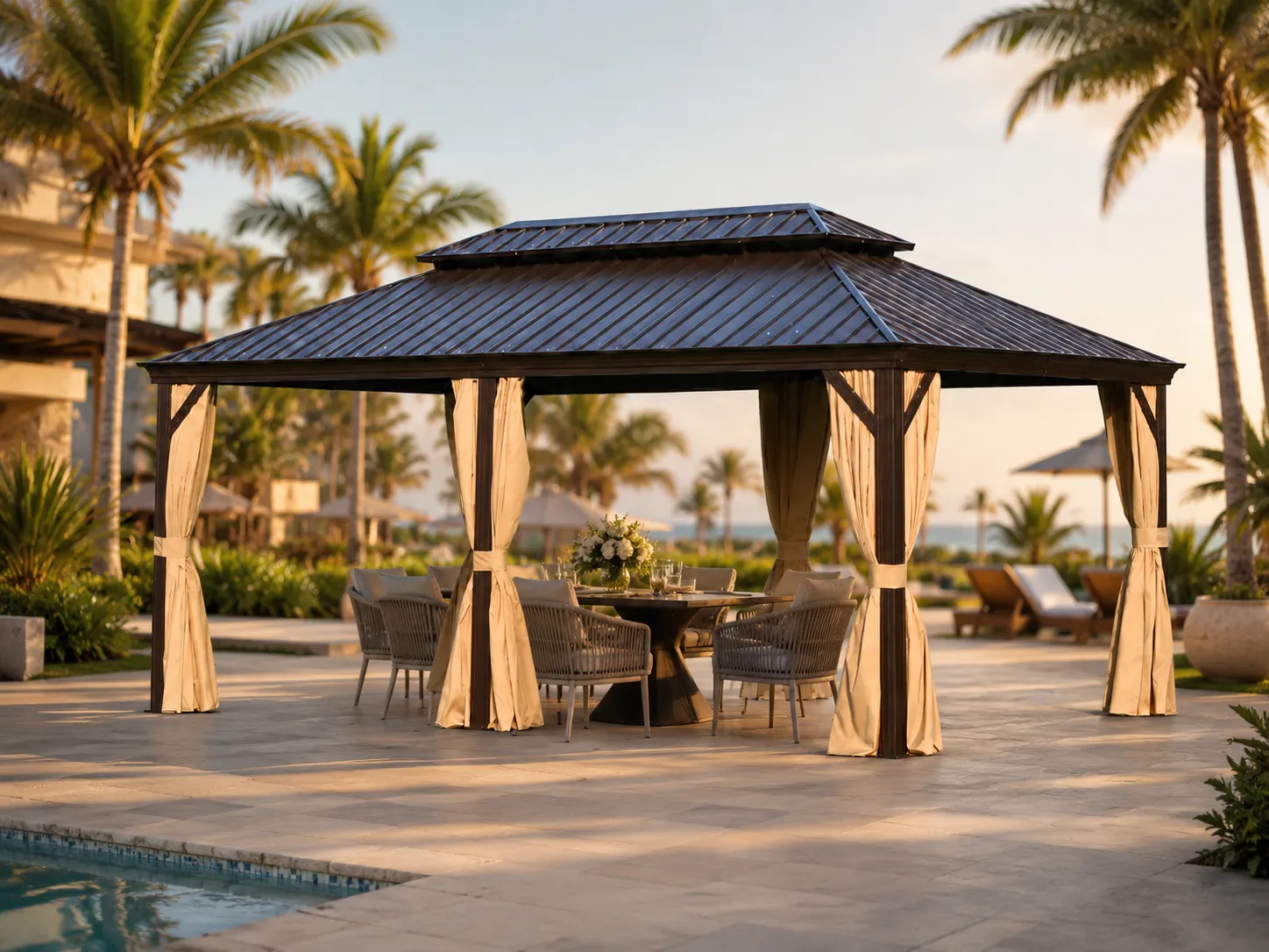 Outdoor gazebo with curtains for resort shading projects