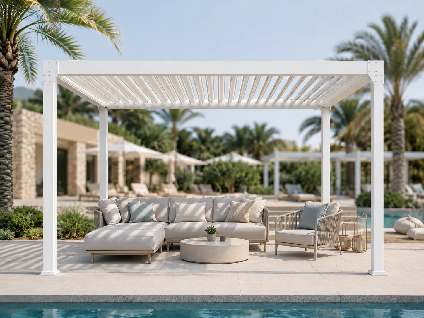 Outdoor louvered pergola for resort lounge spaces