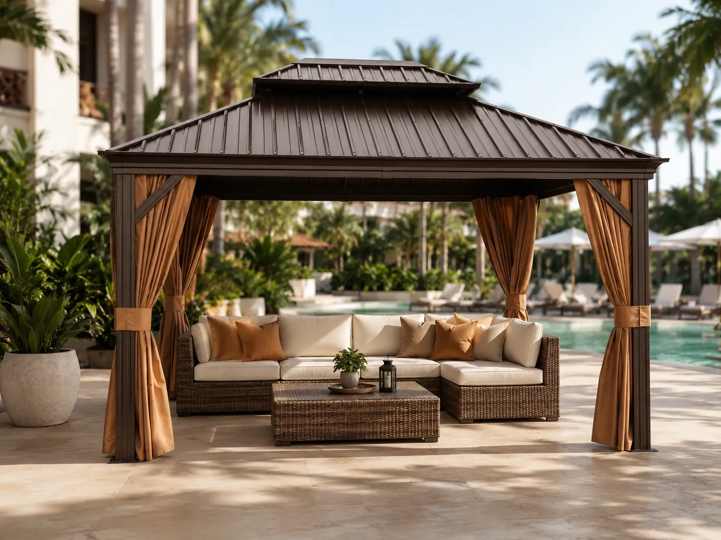 Metal roof outdoor gazebo with curtains for resort shading projects