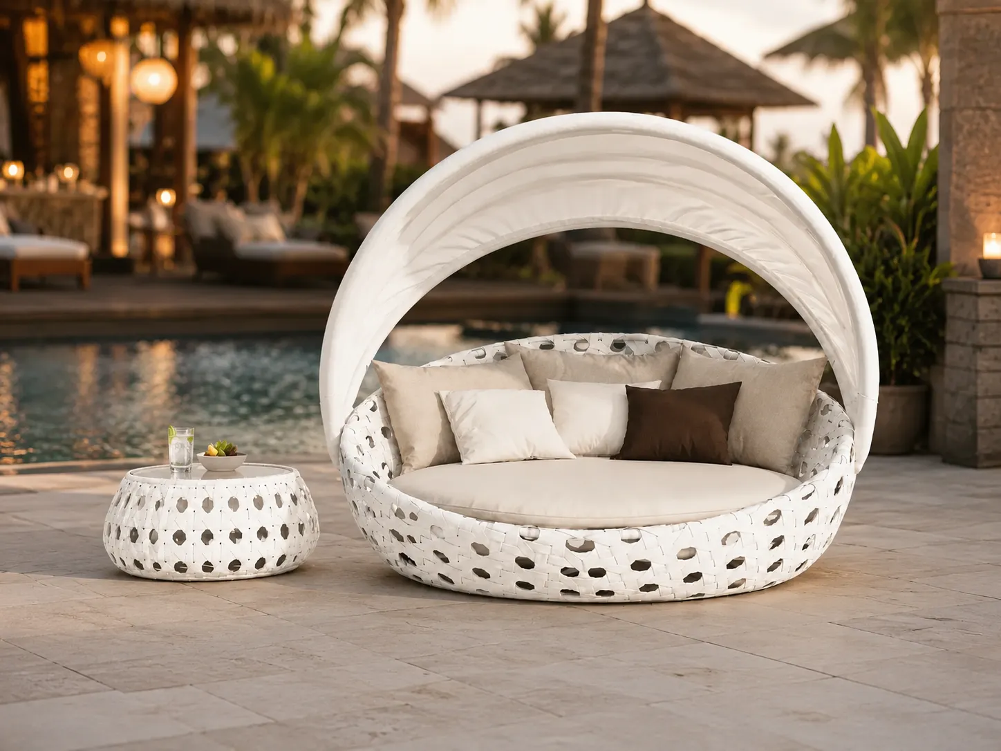 Resort outdoor rattan daybed with movable canopy