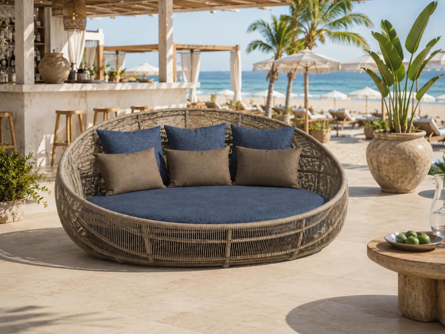 Outdoor wicker daybed for resort poolside lounge areas