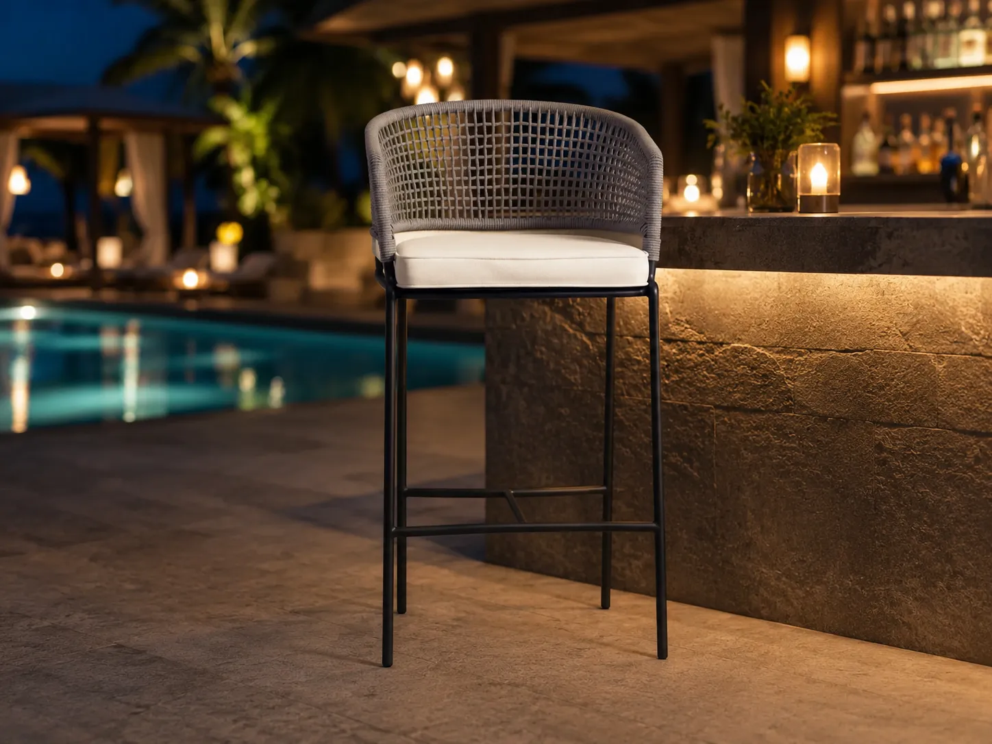 Grey rope bar stool for resort pool bar and outdoor hospitality spaces