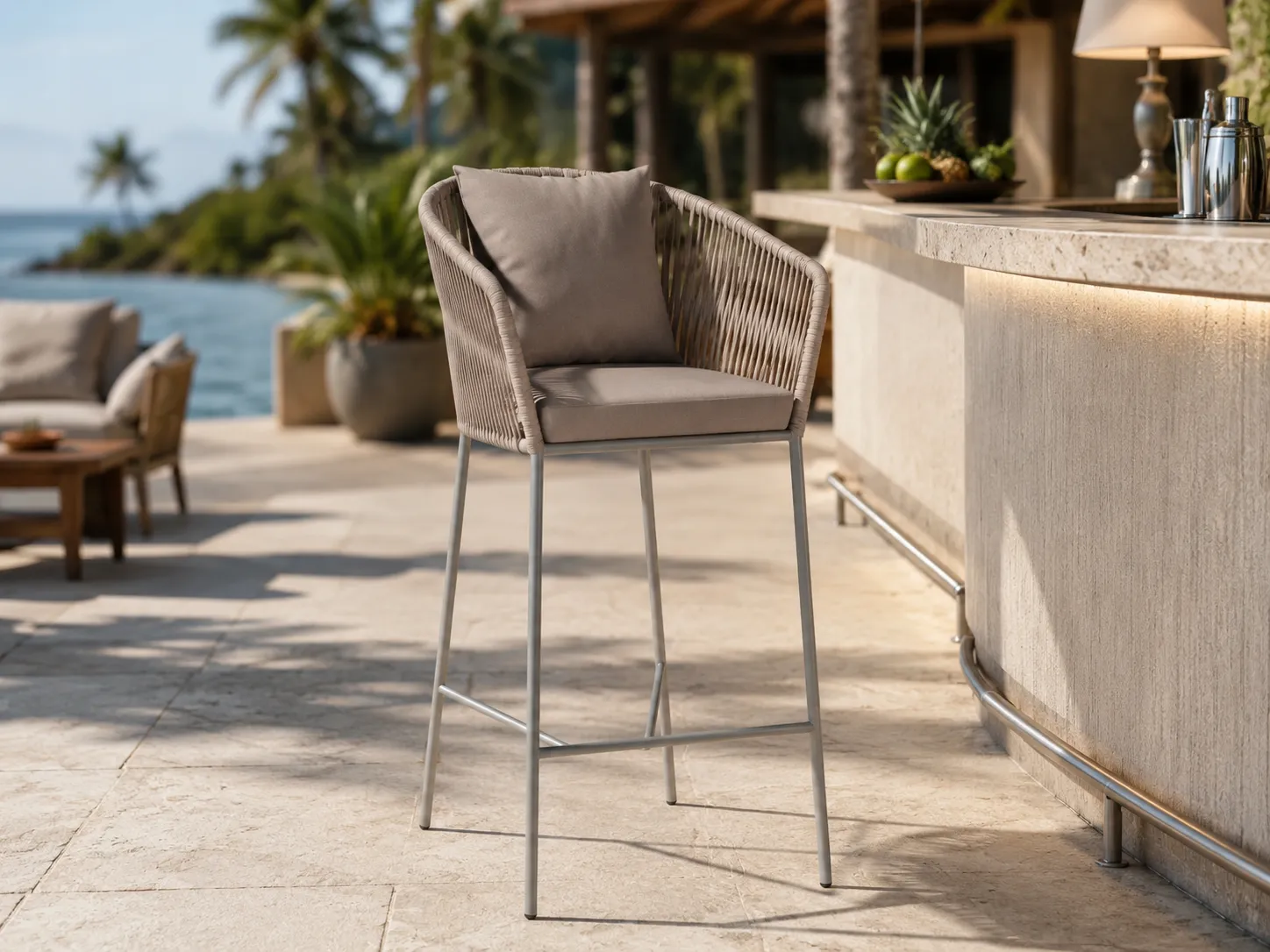 Rope bar stool for resort pool bar and outdoor hospitality spaces