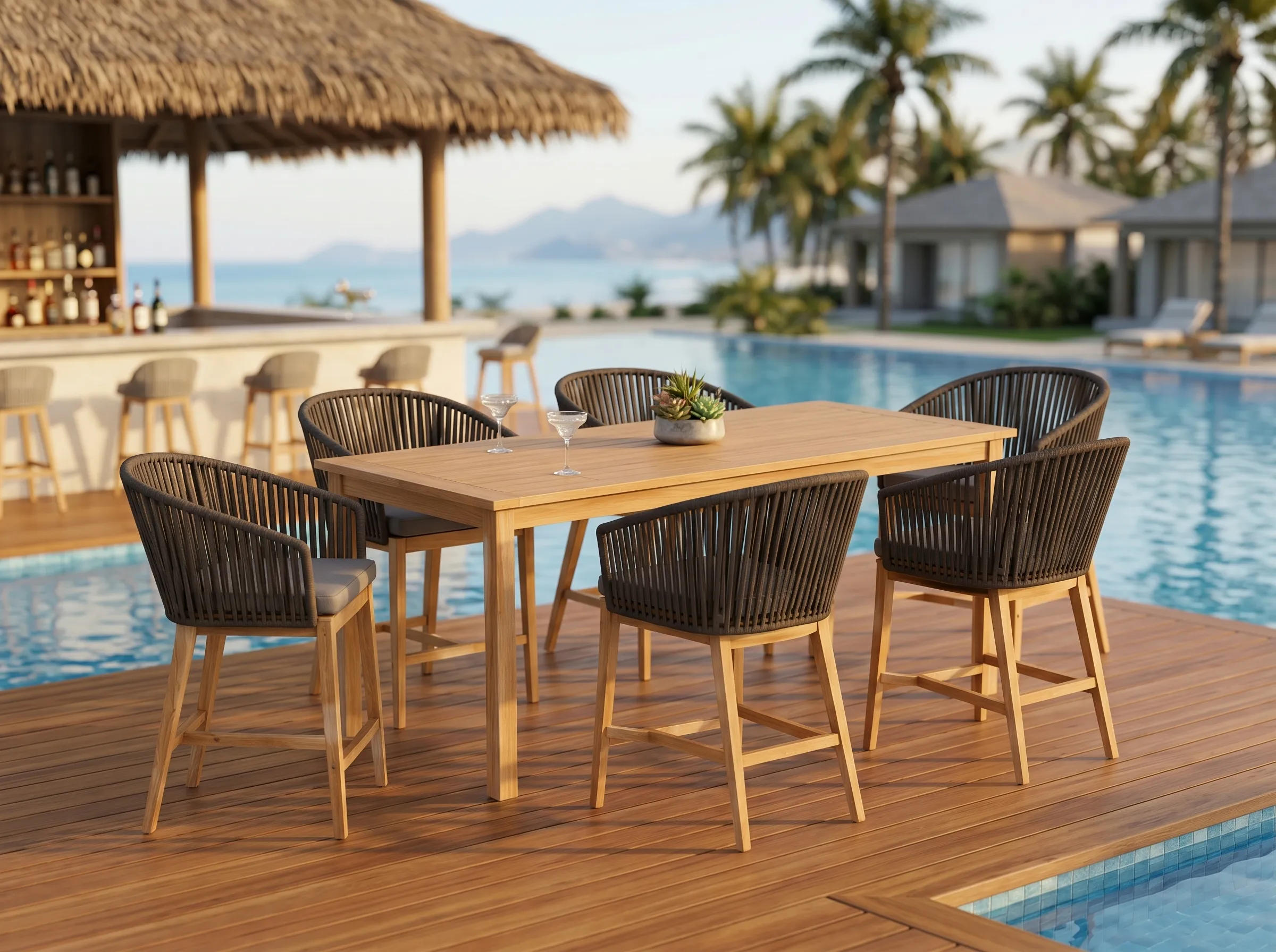 Outdoor bar dining set for resort pool bar with teak table and rope chairs
