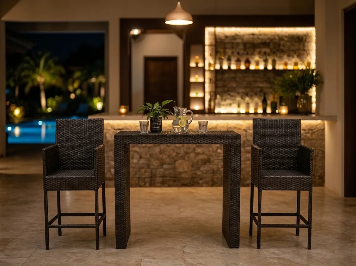 Wicker bar furniture set for resort pool bar and outdoor hospitality spaces