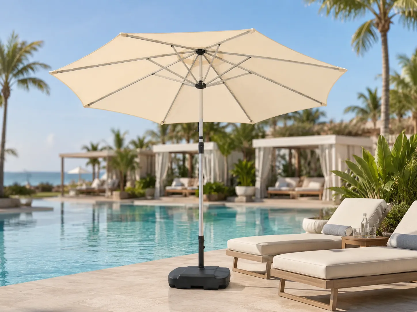 Cantilever patio umbrella used beside a resort swimming pool