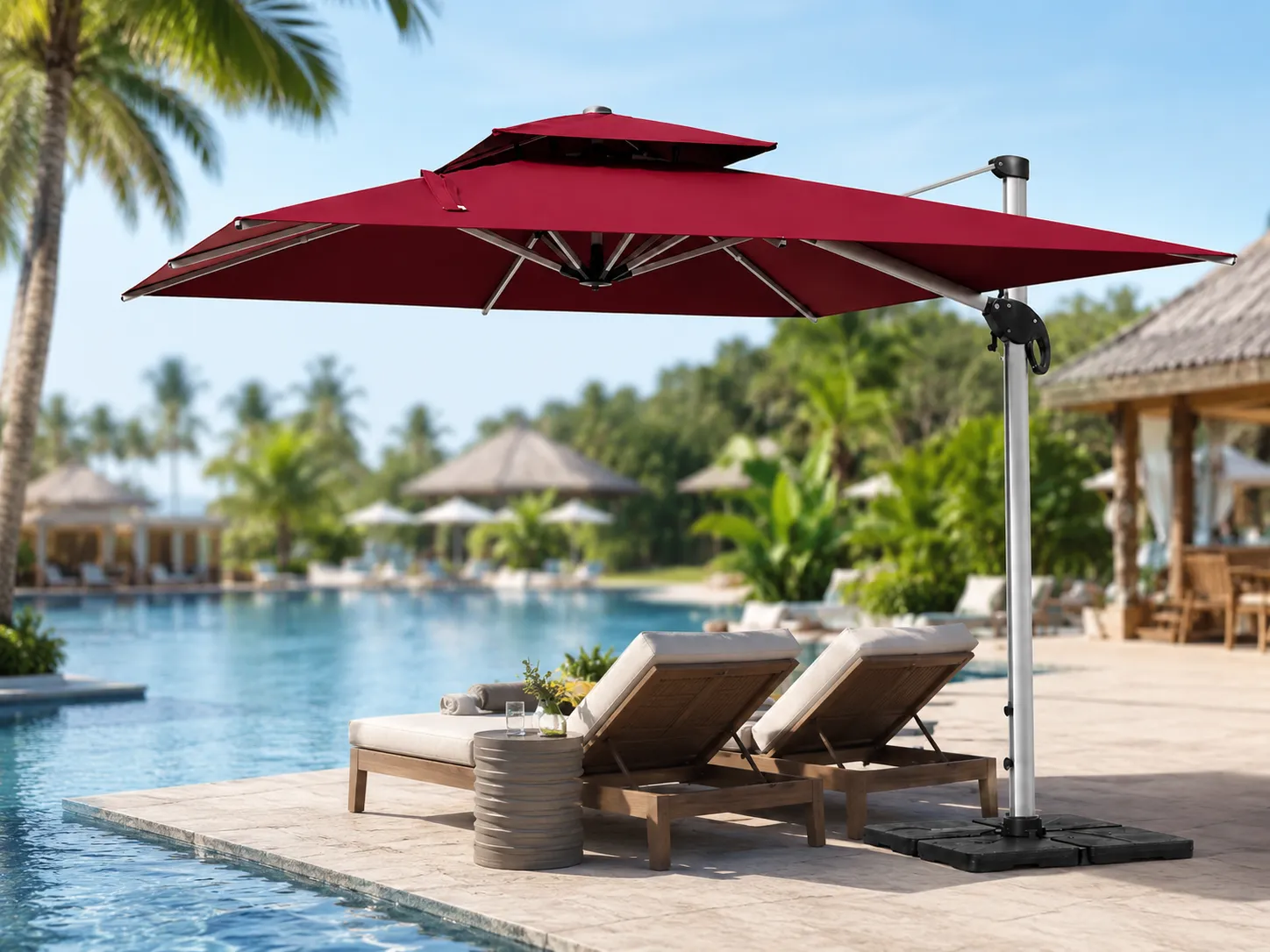 Cantilever patio umbrella for resort poolside lounge areas