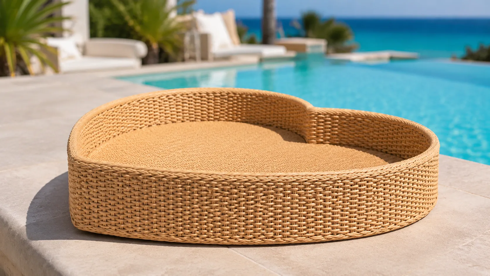 Resort poolside floating breakfast tray with woven rattan design