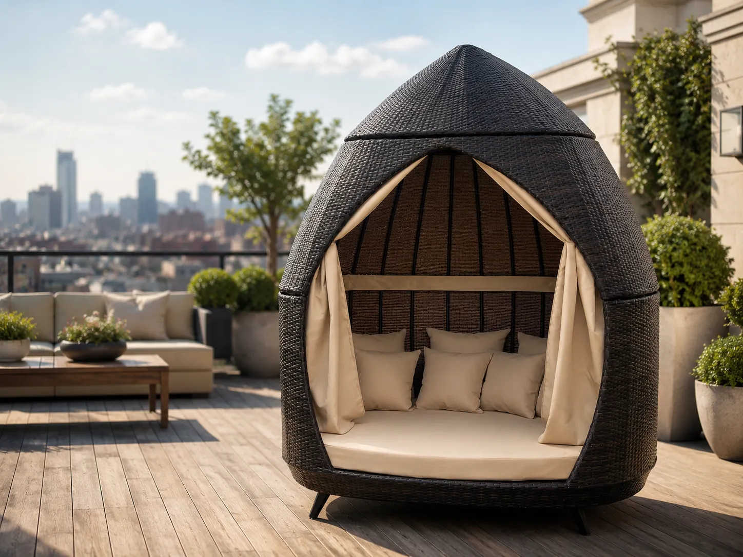 Resort poolside rattan cabana daybed with enclosed lounge pod design