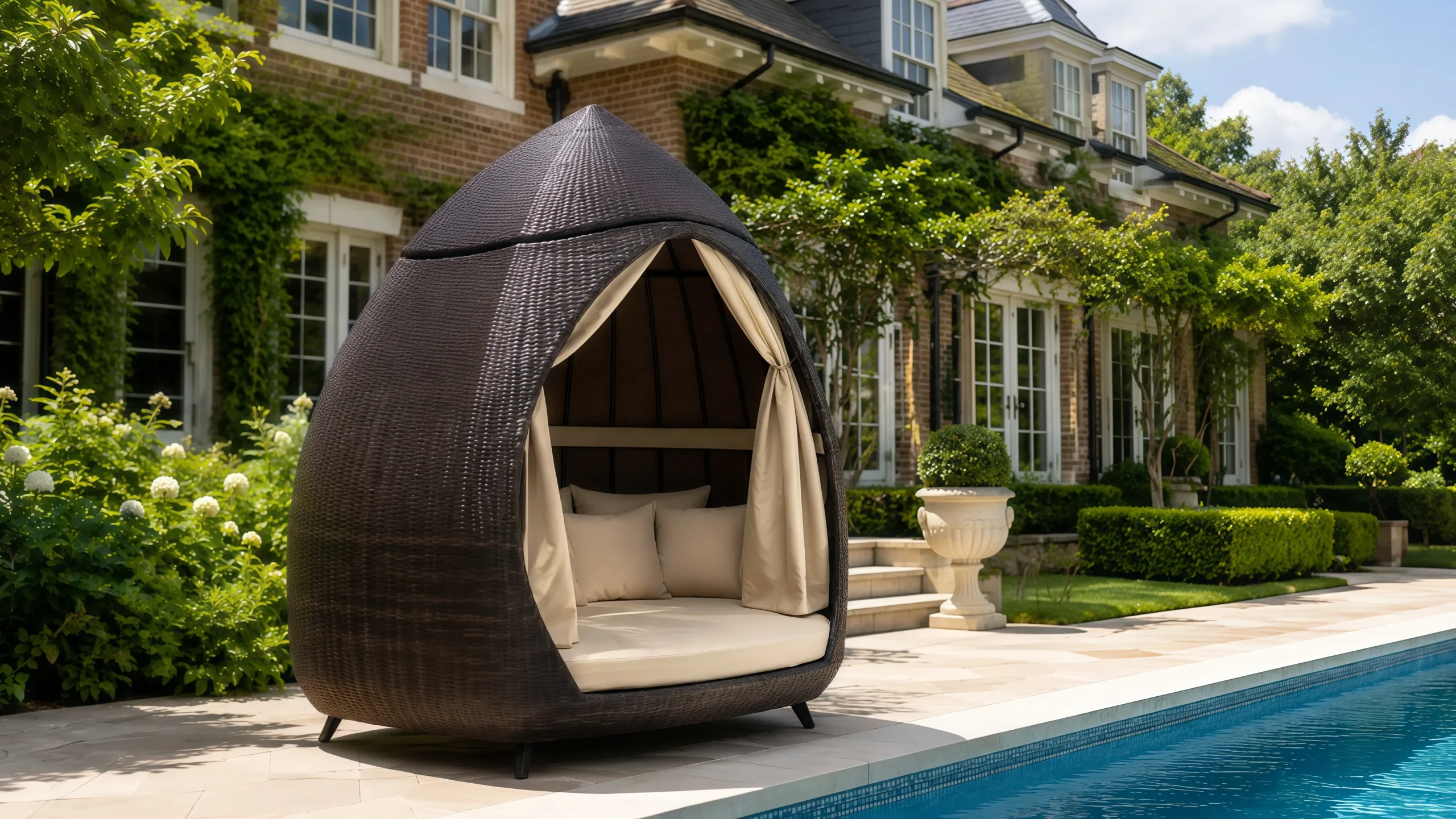PE Rattan Outdoor Cabana Daybed with Curtains for Resort Poolside Lounge