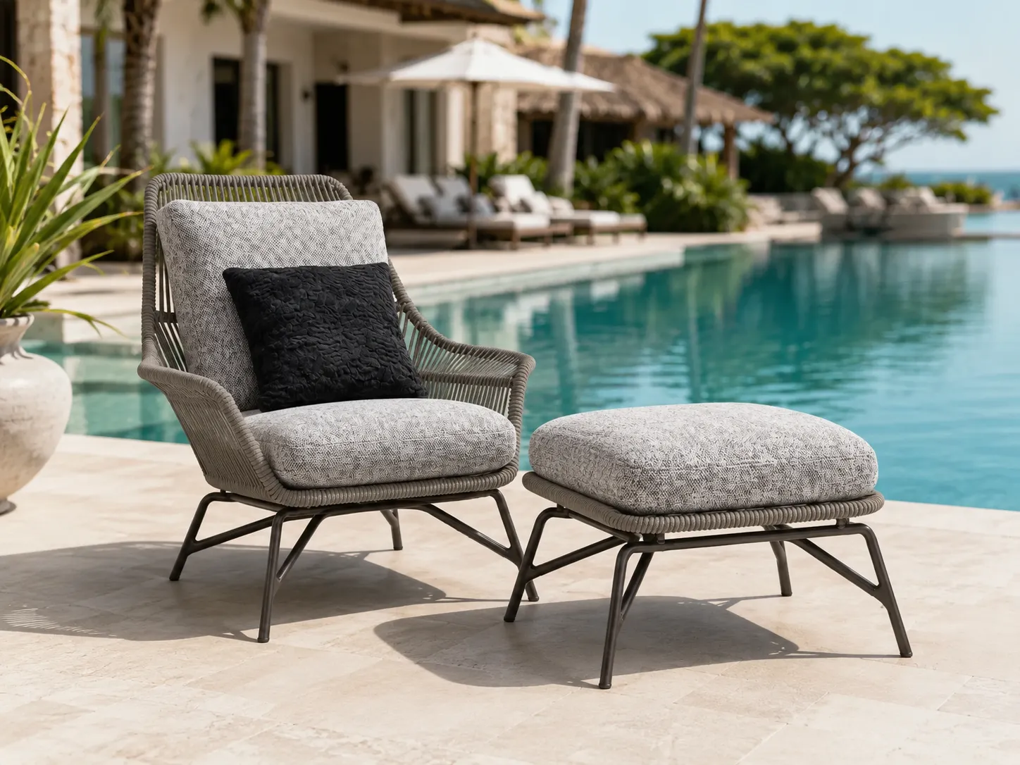 Rope outdoor lounge chair with ottoman for resort poolside seating