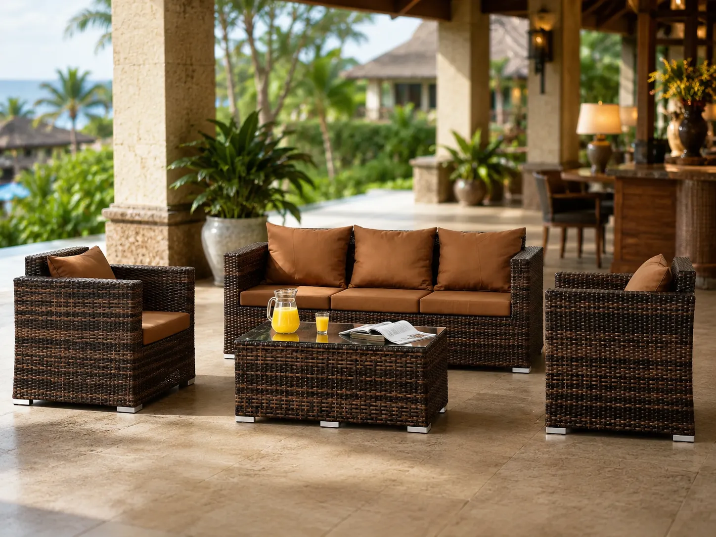 Rattan outdoor conversation sofa set for resort lounge spaces