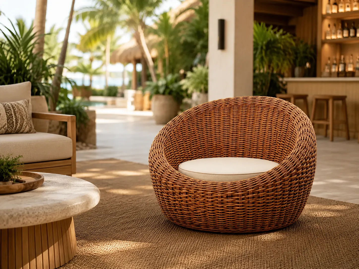 Rattan outdoor lounge chair for resort leisure spaces