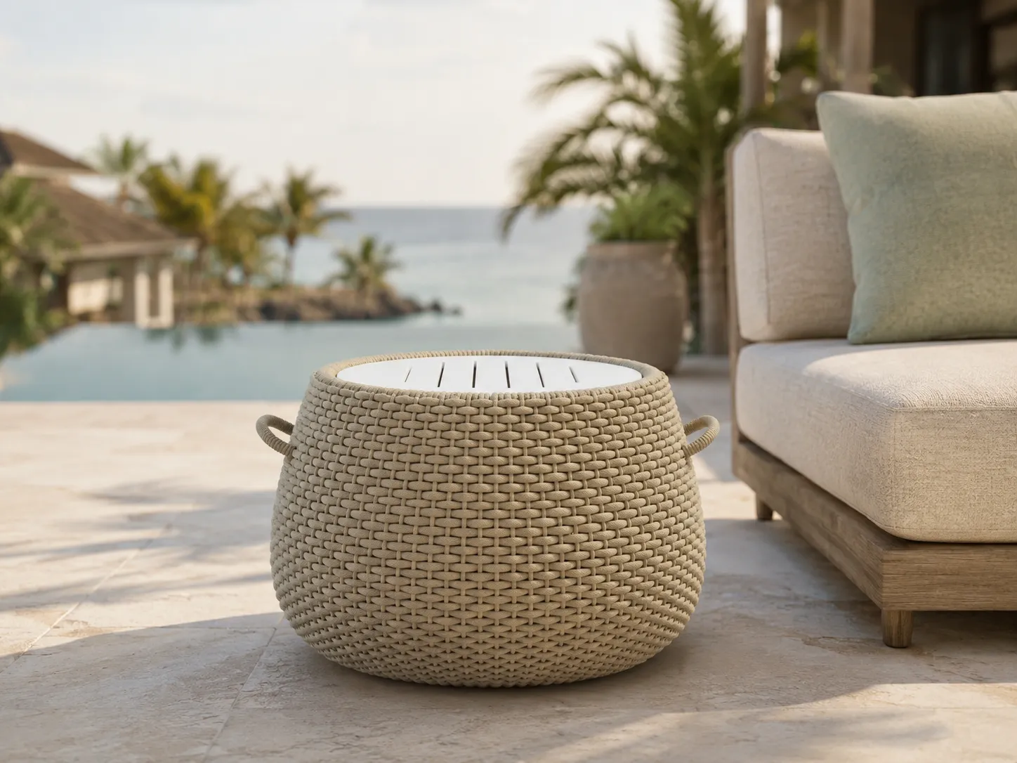 Beige rope coffee table for resort terrace outdoor seating projects