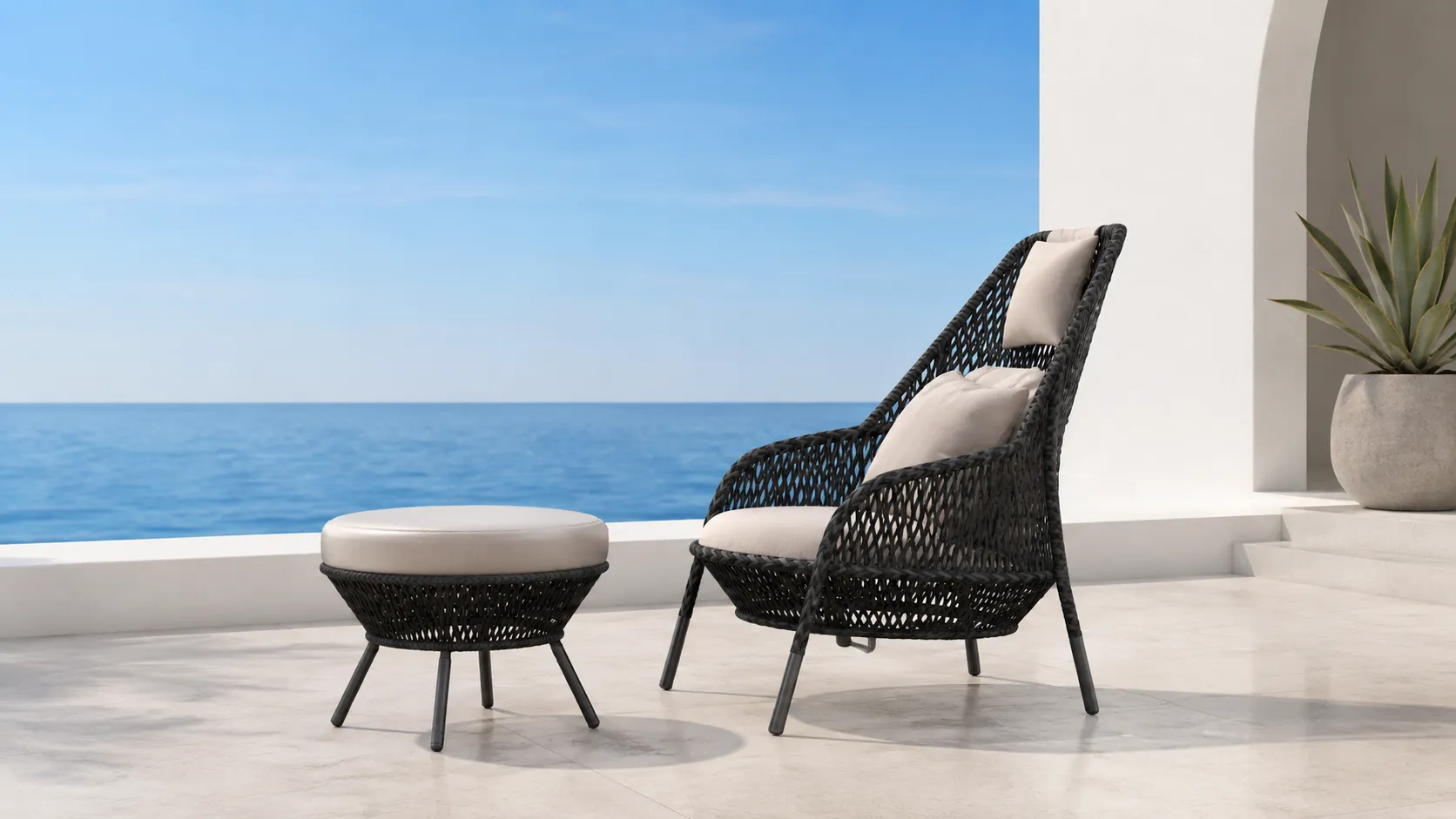 Black Wicker Lounge Chair and Ottoman for Outdoor Hospitality Projects