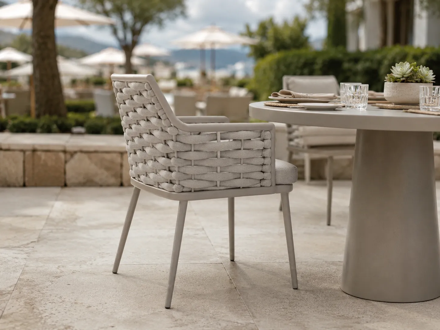 Grey rope dining chair for resort terrace and outdoor dining projects